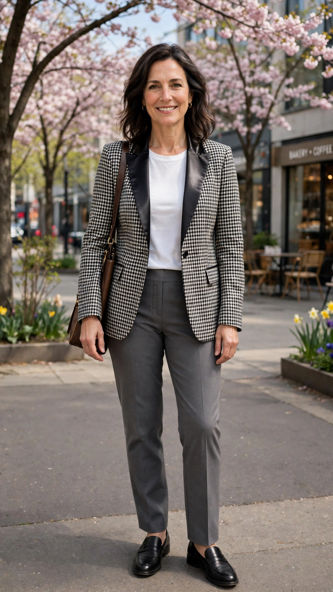 Checked satin-lapel blazer with grey trousers