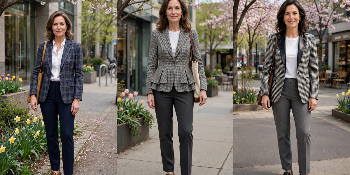 25 Women Over 40 Checked Blazer and Trouser Outfits for Spring Work That Are Fresh, Chic and Easy to Wear