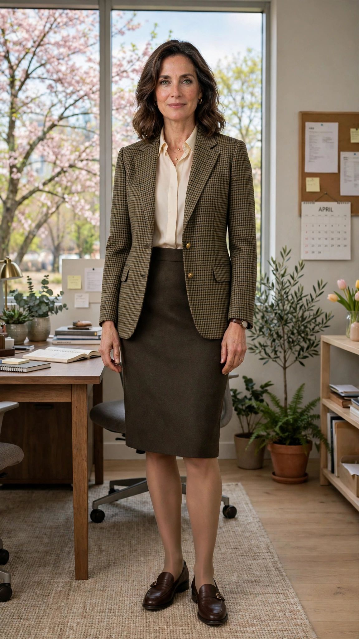 Checked professor jacket with a pencil skirt