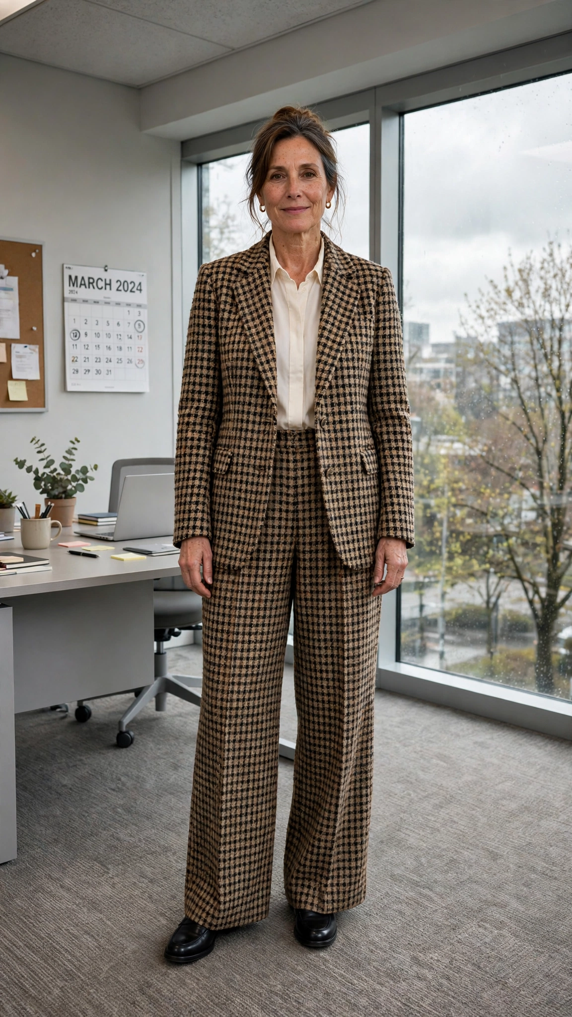 Tweed check blazer with wide-leg trousers