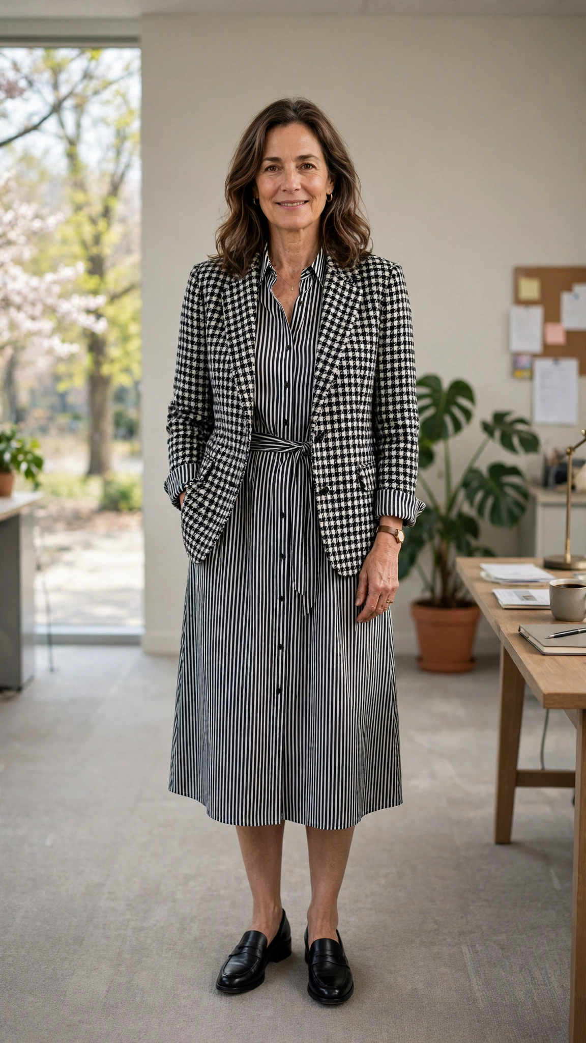 Houndstooth check jacket with a shirt dress