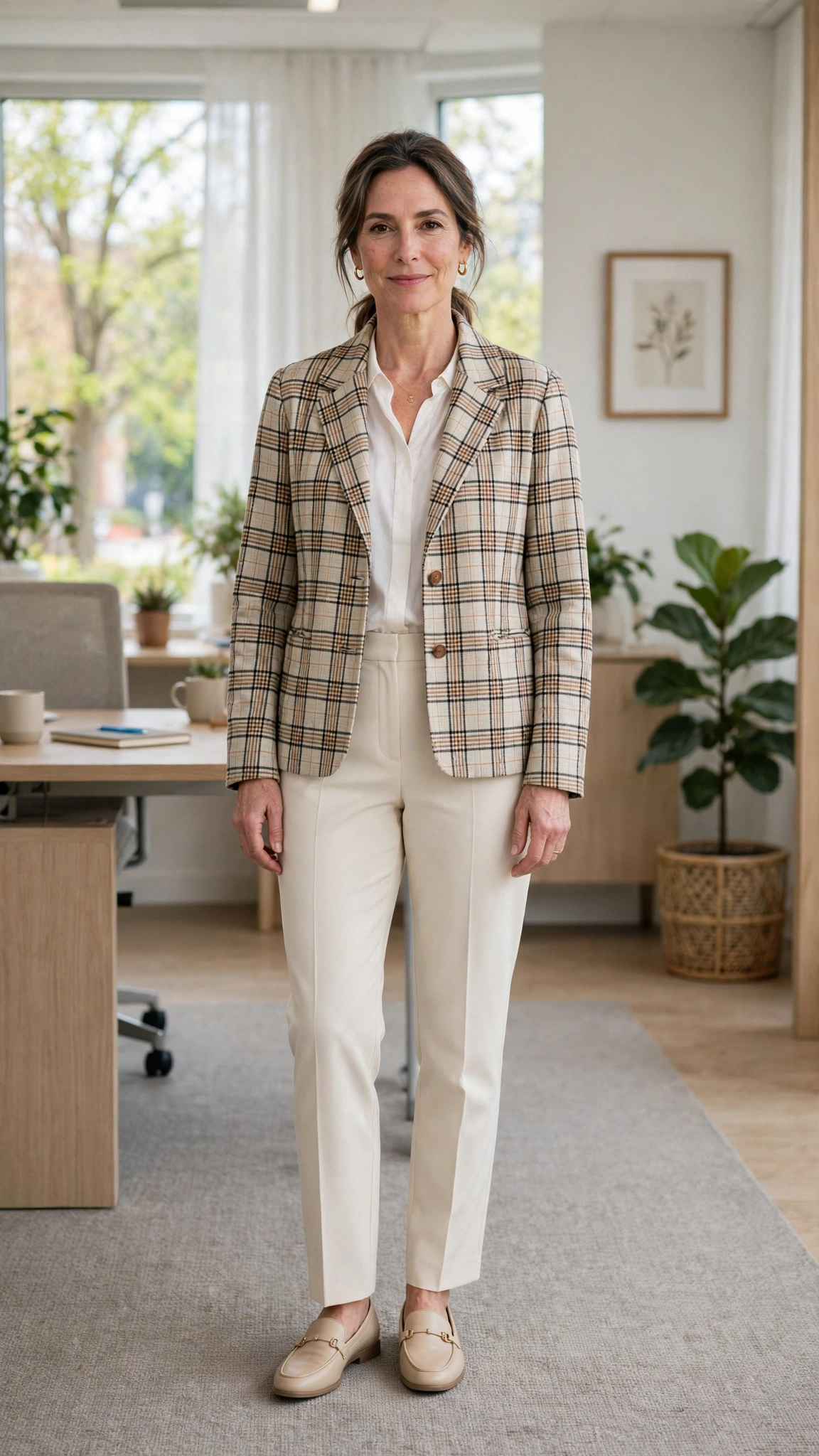 Plaid check jacket with cream trousers