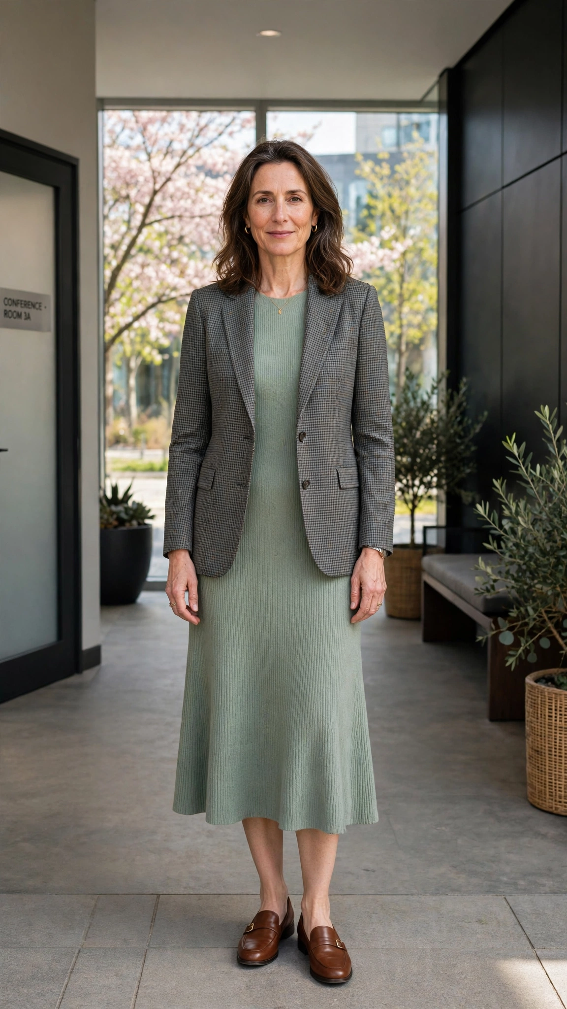 Glen check blazer with a knit midi dress