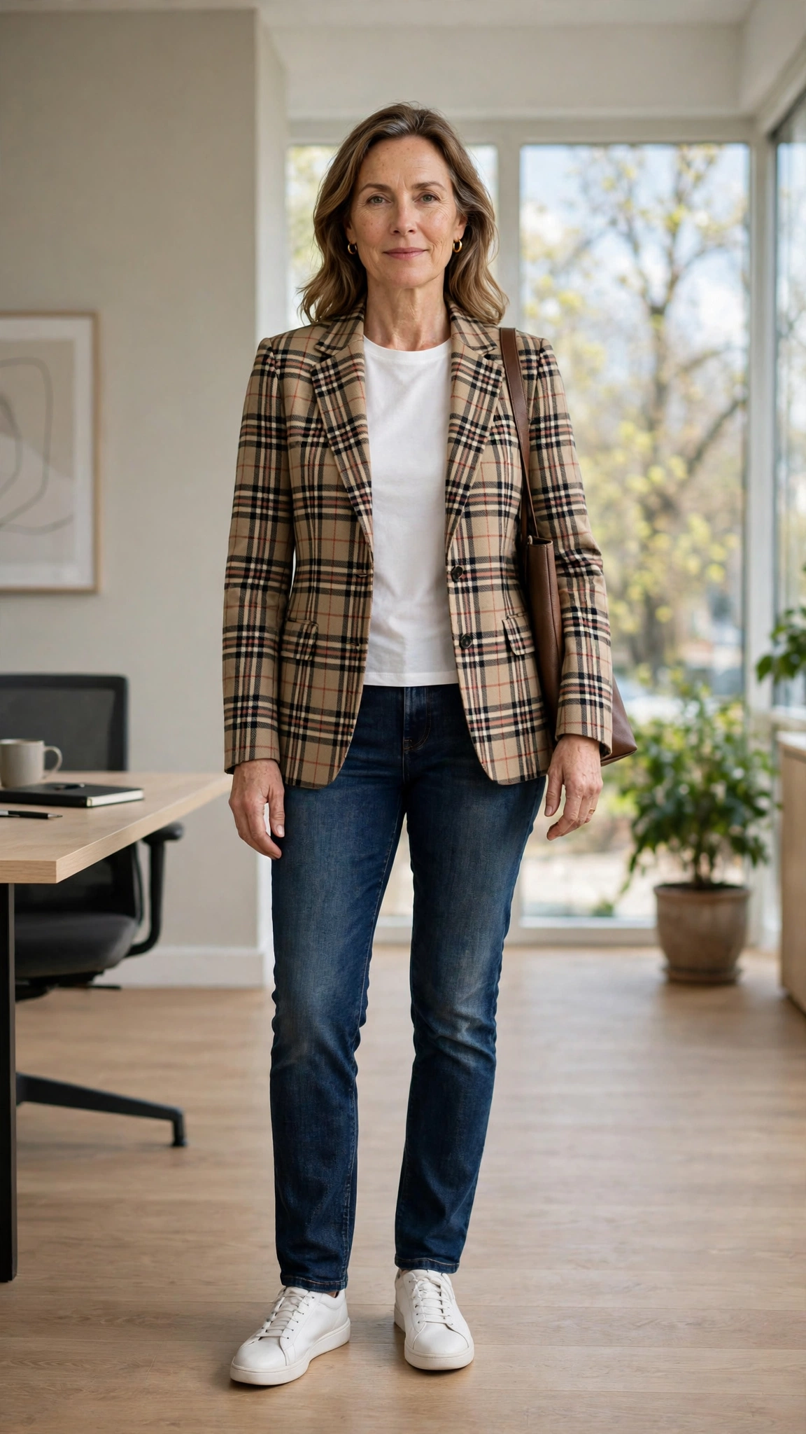 Heritage check jacket with dark-wash jeans