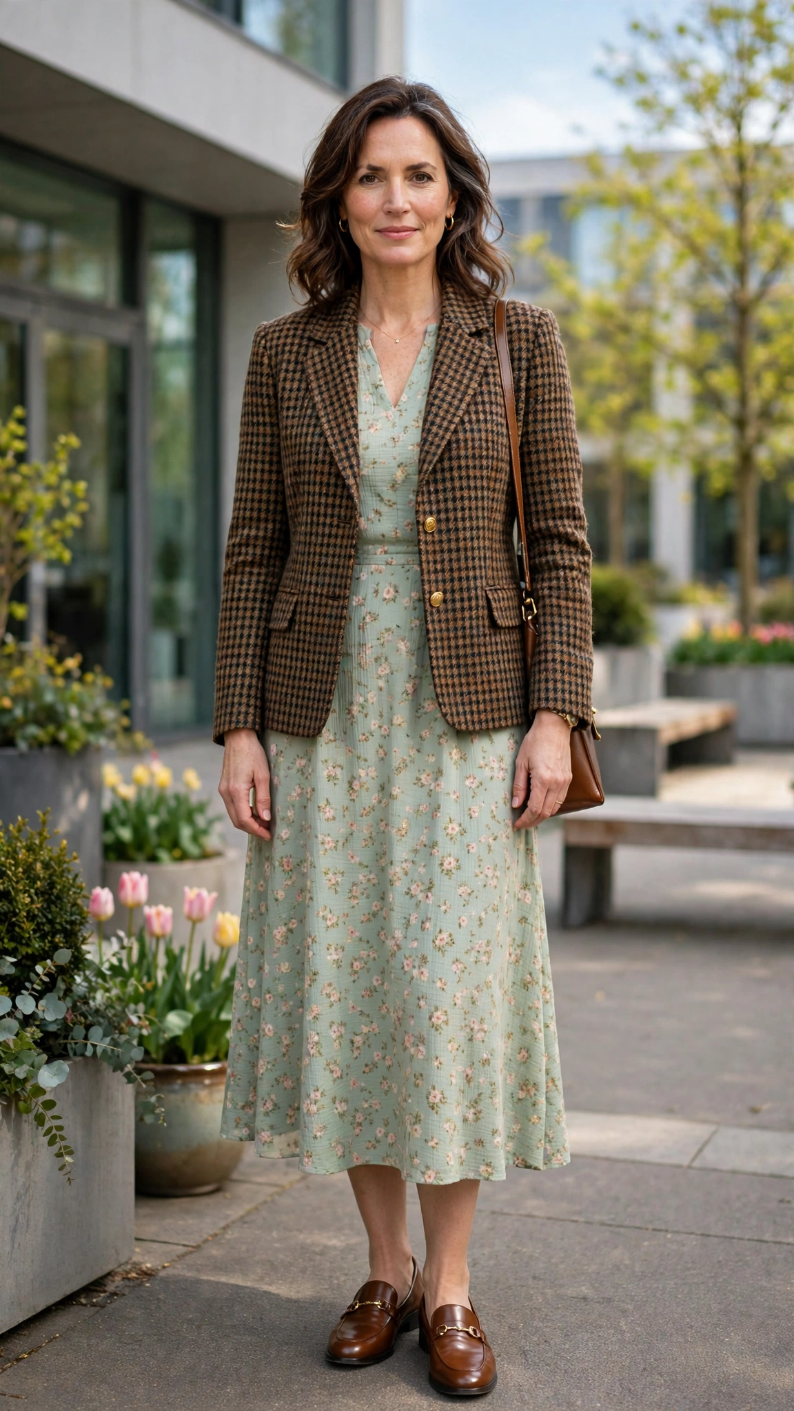Brown check tweed jacket with a midi dress