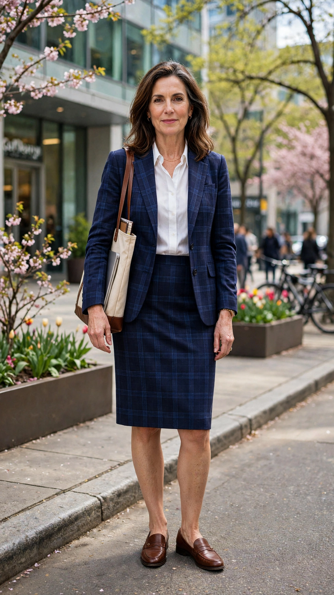 Navy check jacket with a pencil skirt