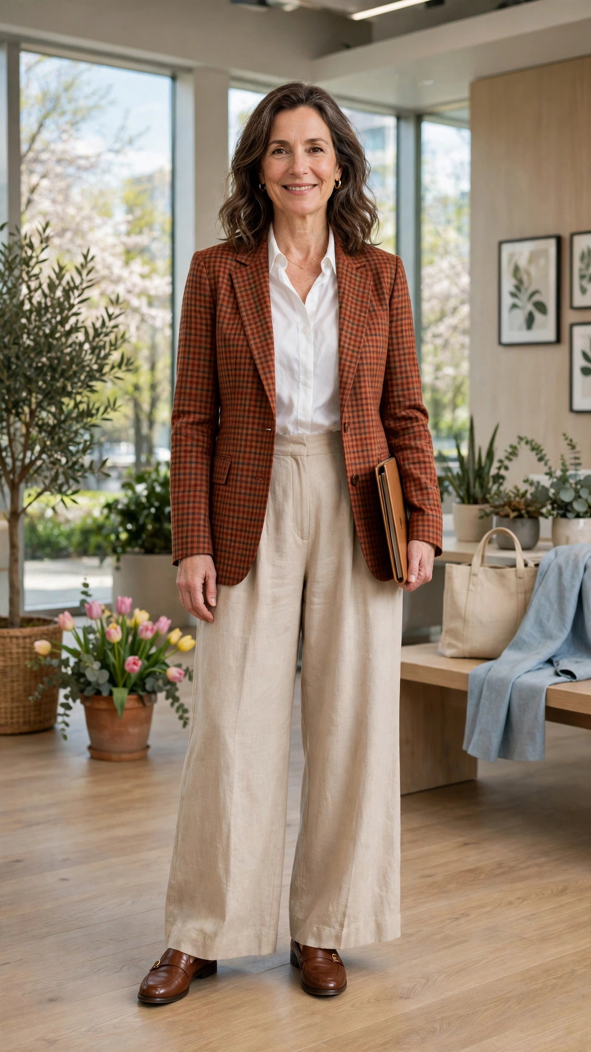 Rust check blazer with wide-leg trousers