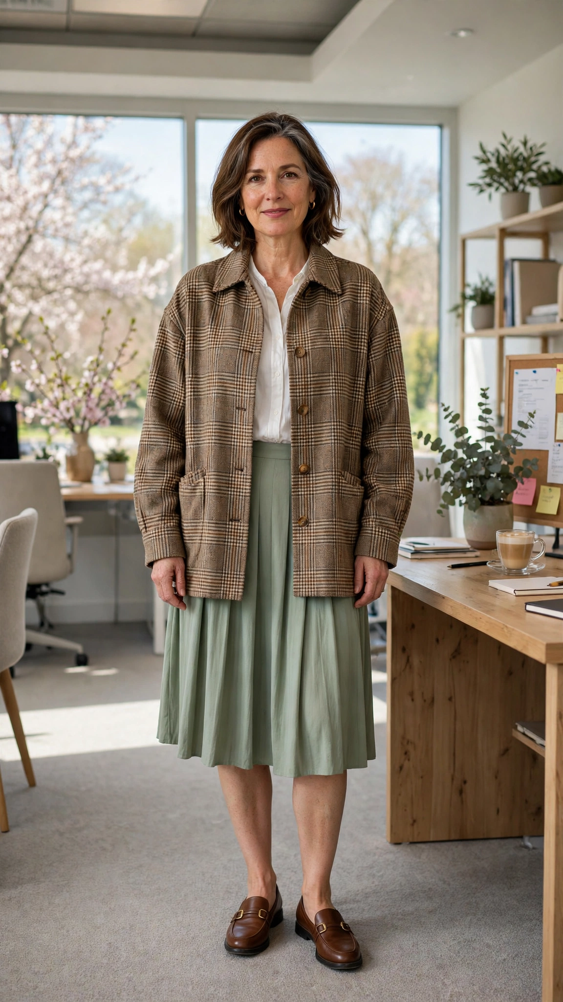 Oversized check jacket with a pleated skirt