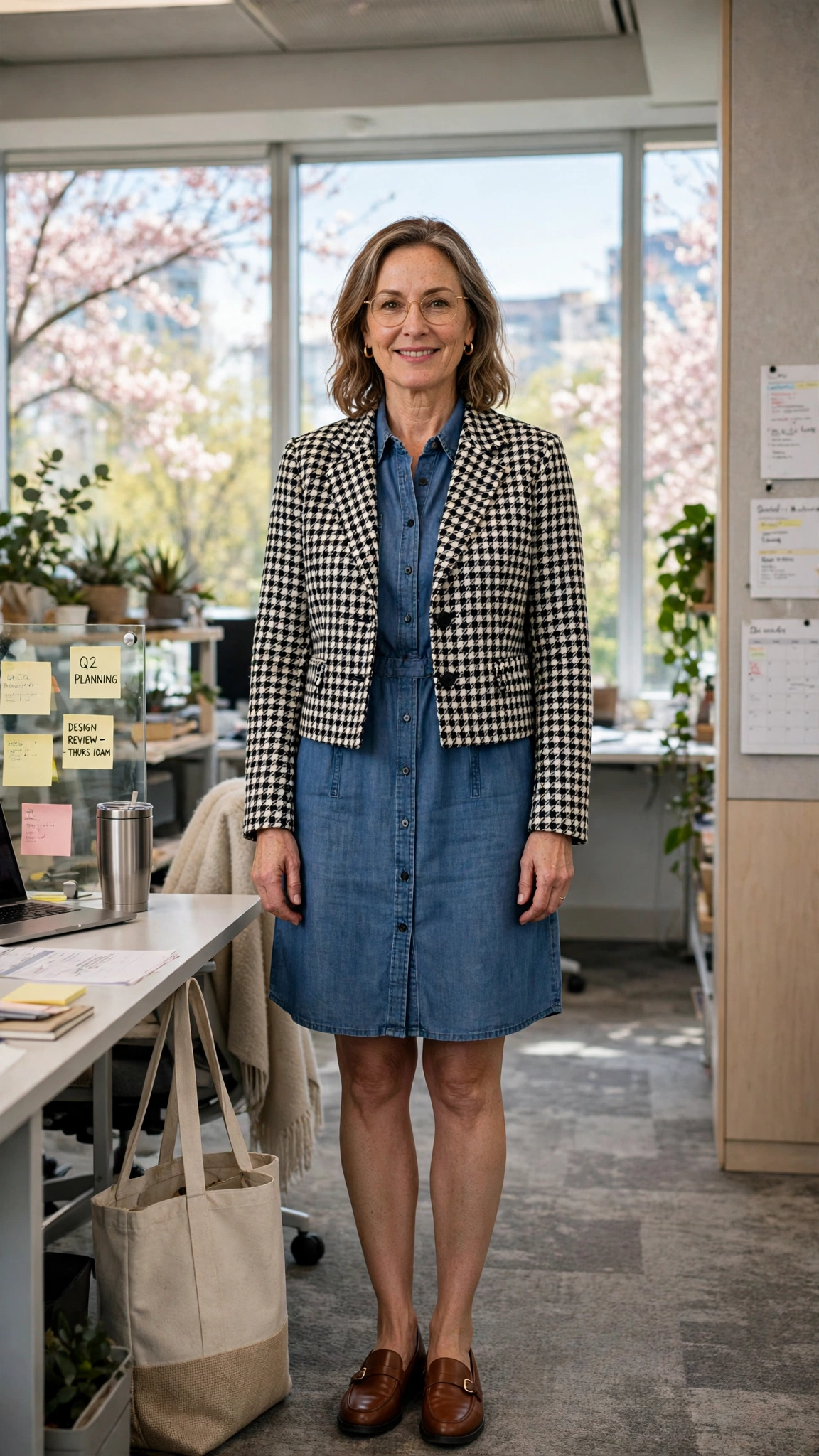 Cropped check jacket with a shirt dress