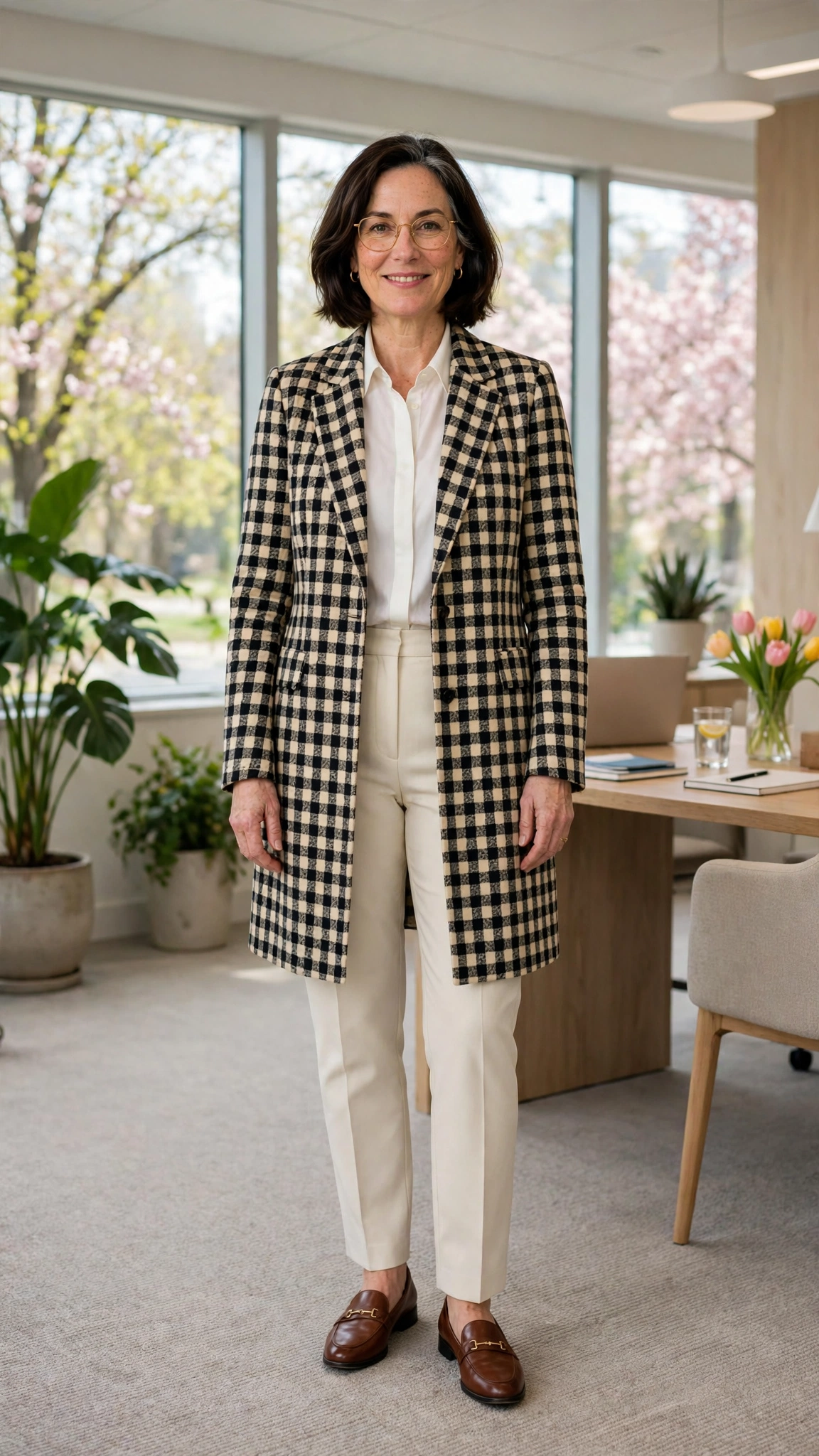 Longline check jacket with cream trousers