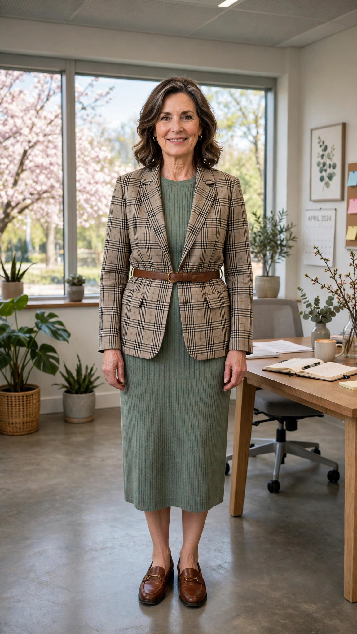 Belted check jacket with a knit midi dress