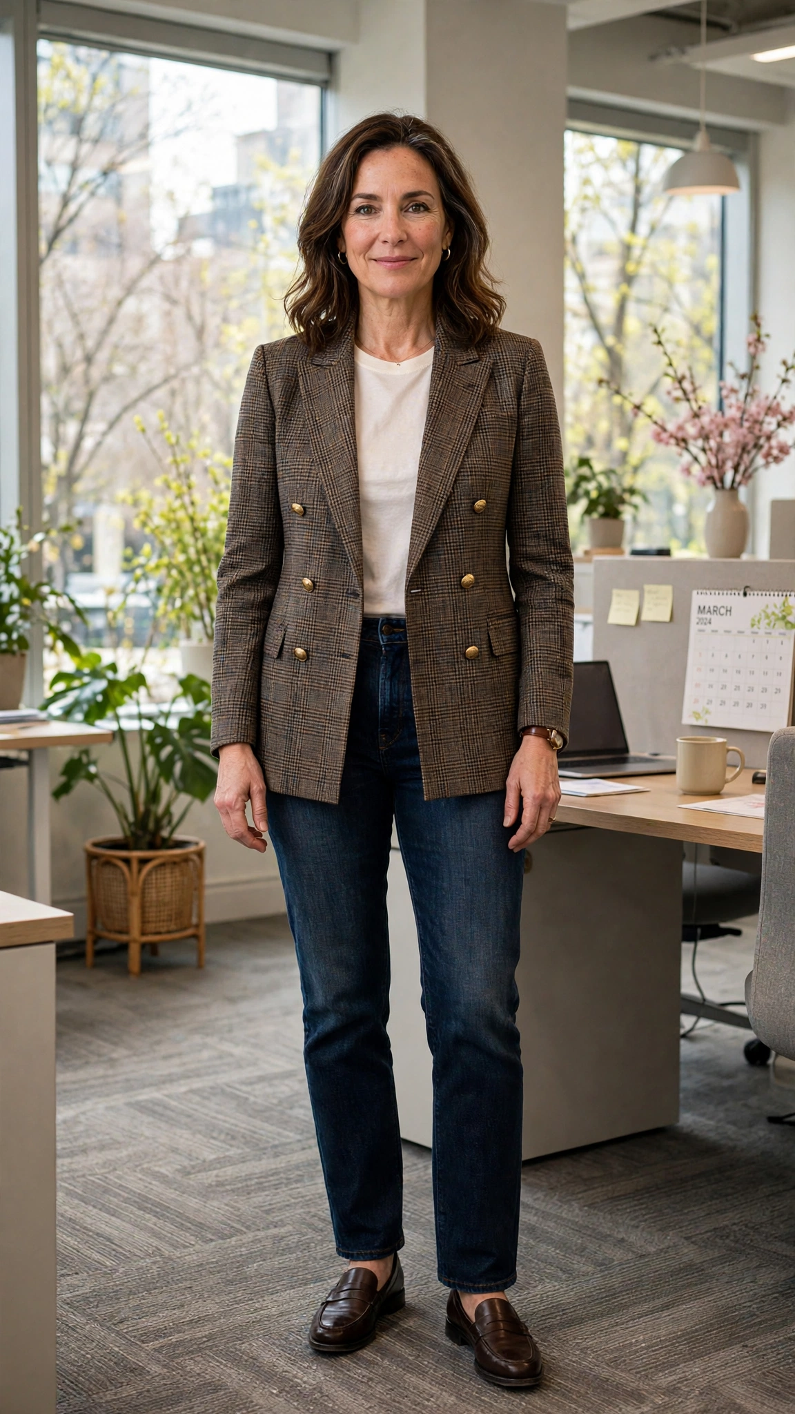 Double-breasted check blazer with dark-wash jeans