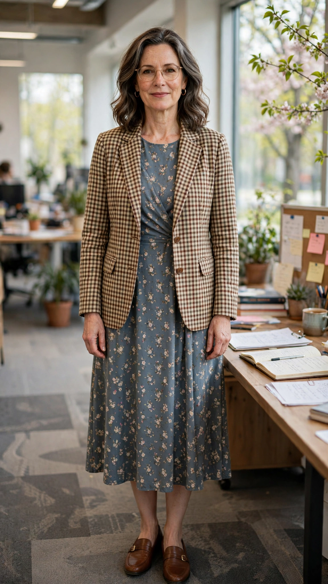 Checked professor jacket with a midi dress