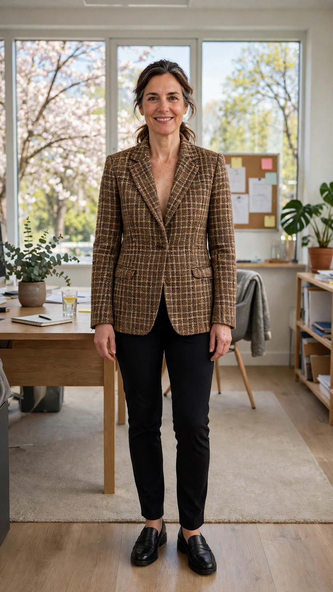 Tweed check blazer with black slim trousers