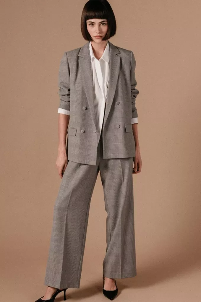 Windowpane check blazer with wide-leg trousers