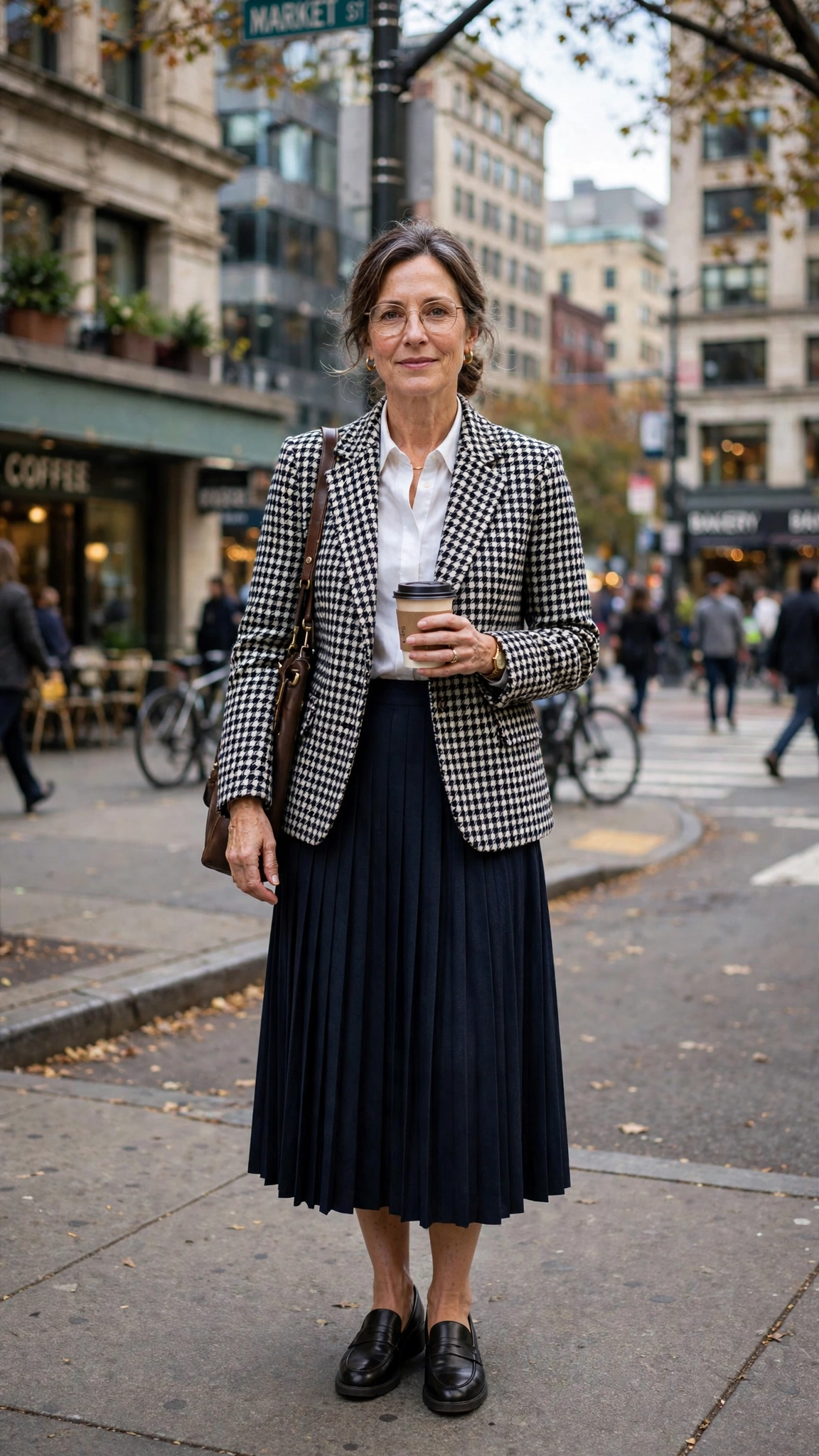 Houndstooth check jacket with a pleated skirt