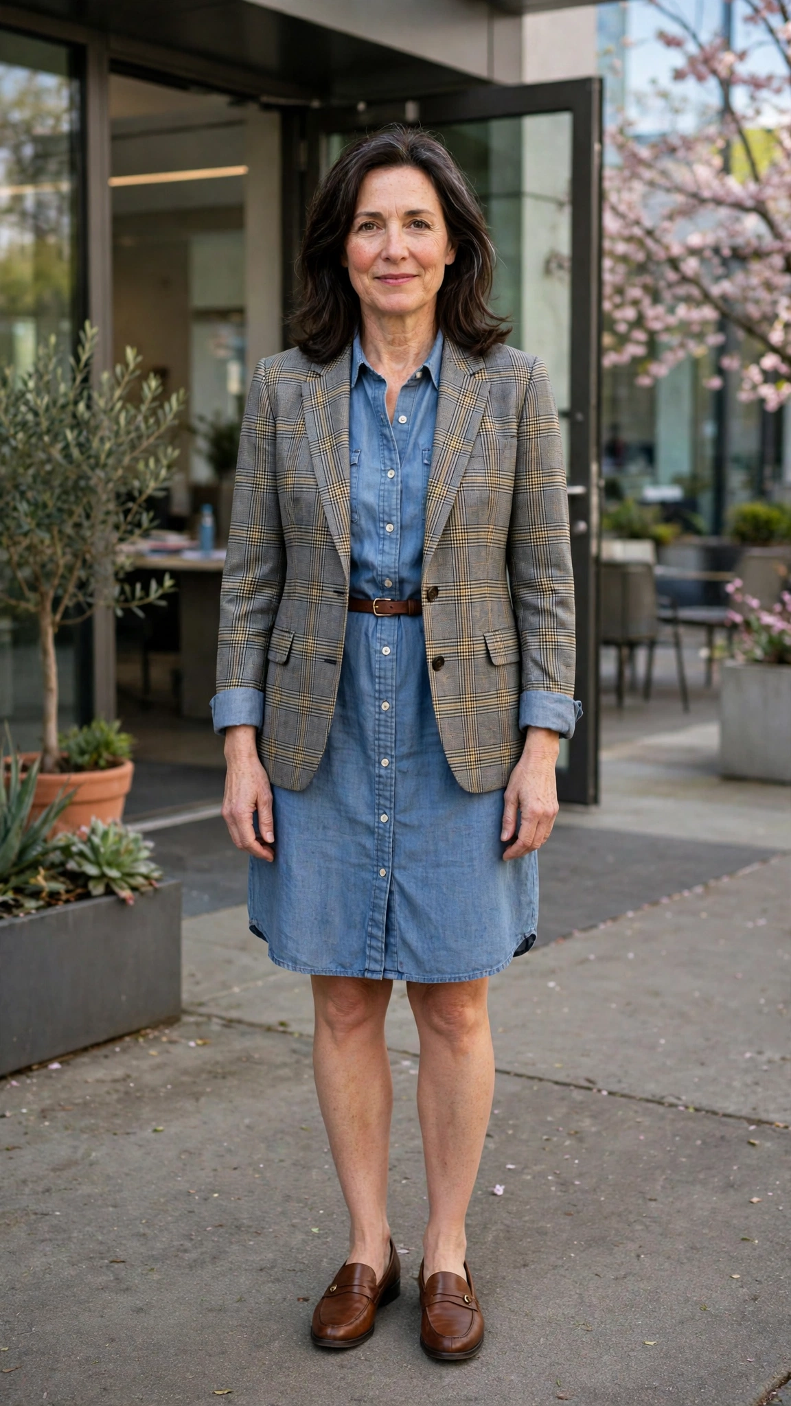 Glen check blazer with a shirt dress
