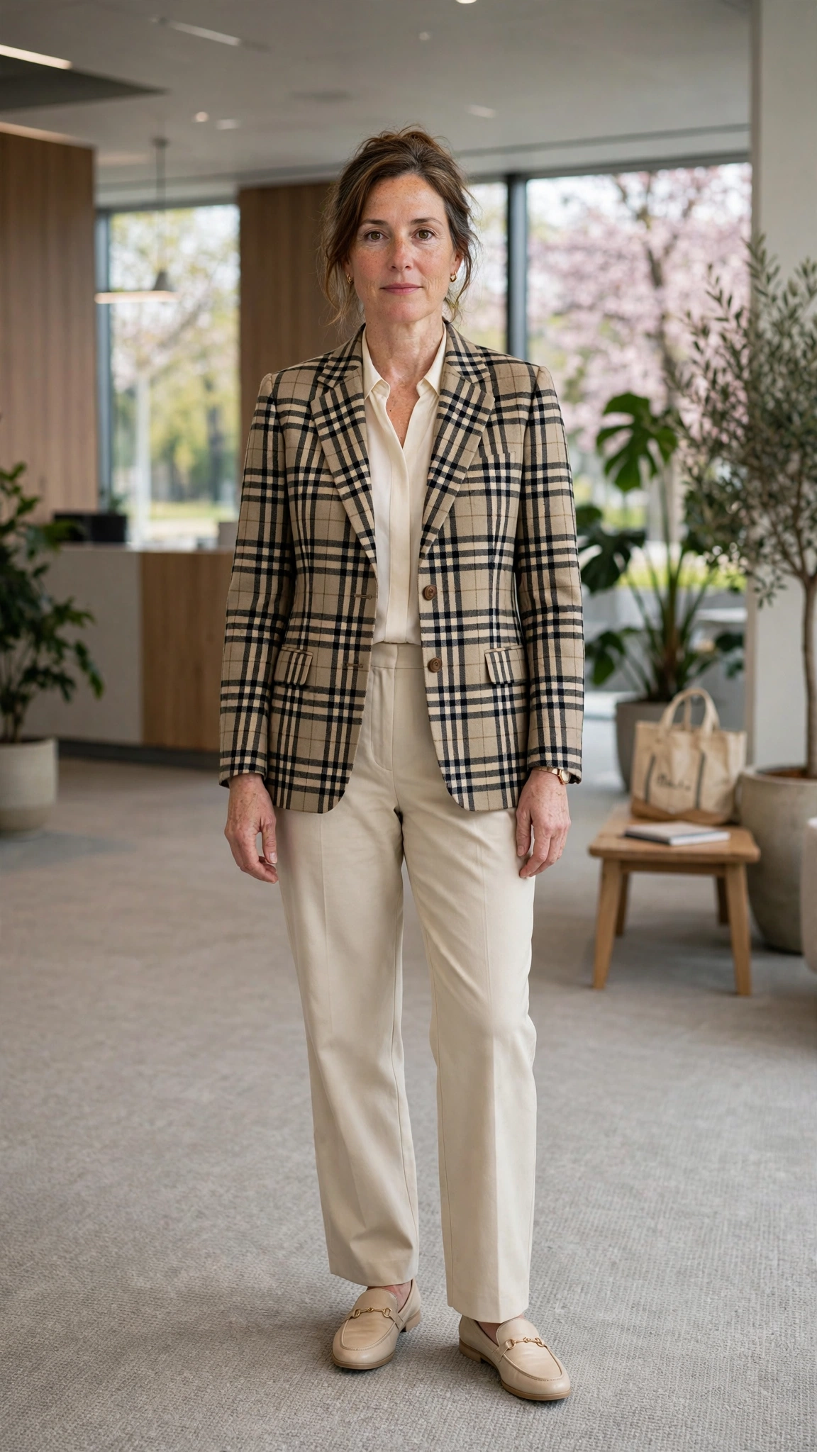 Heritage check jacket with cream trousers