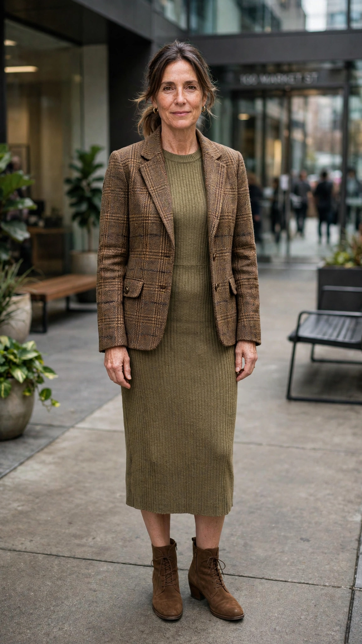 Brown check tweed jacket with a knit midi dress