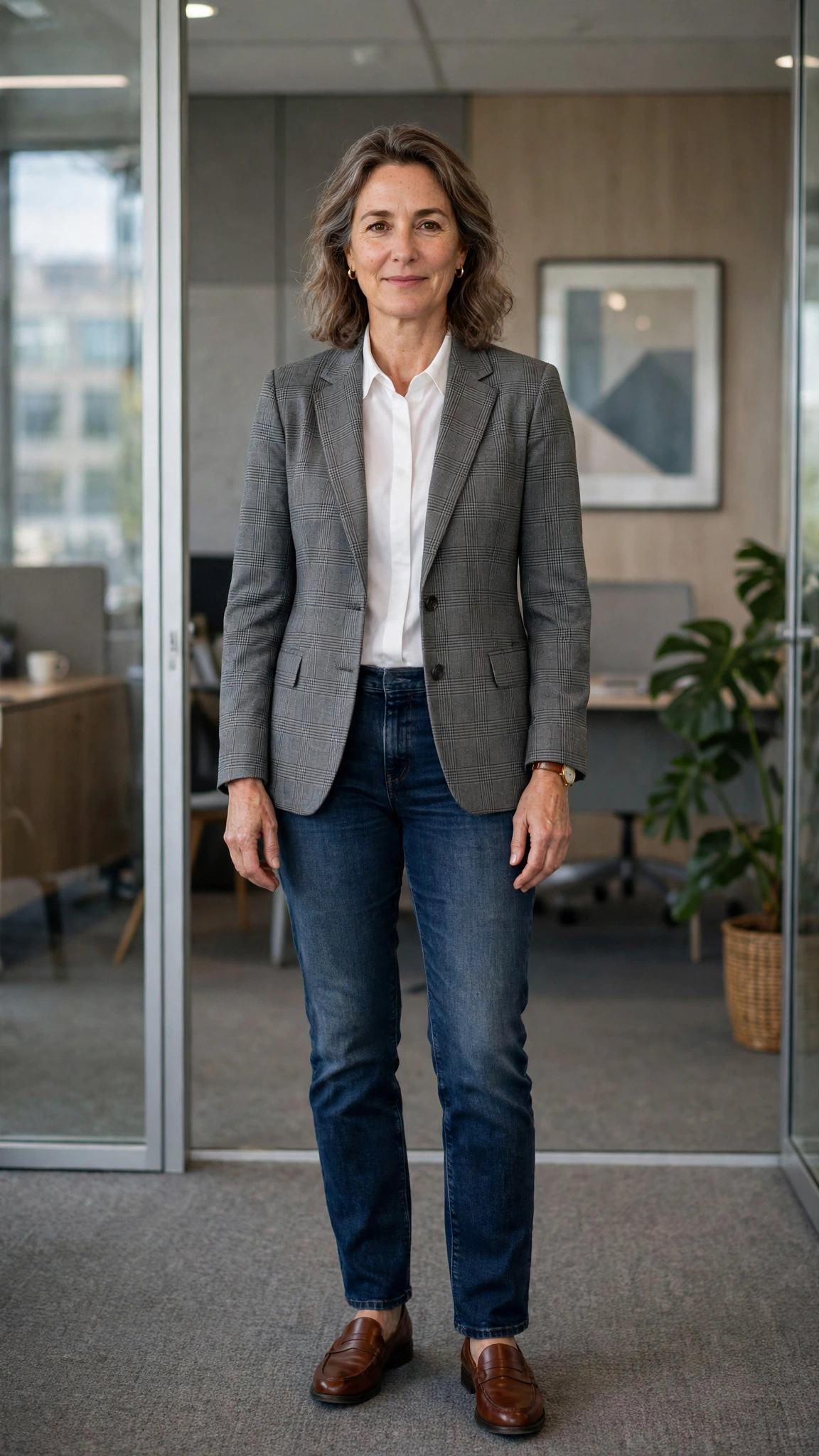 Grey check blazer with dark-wash jeans