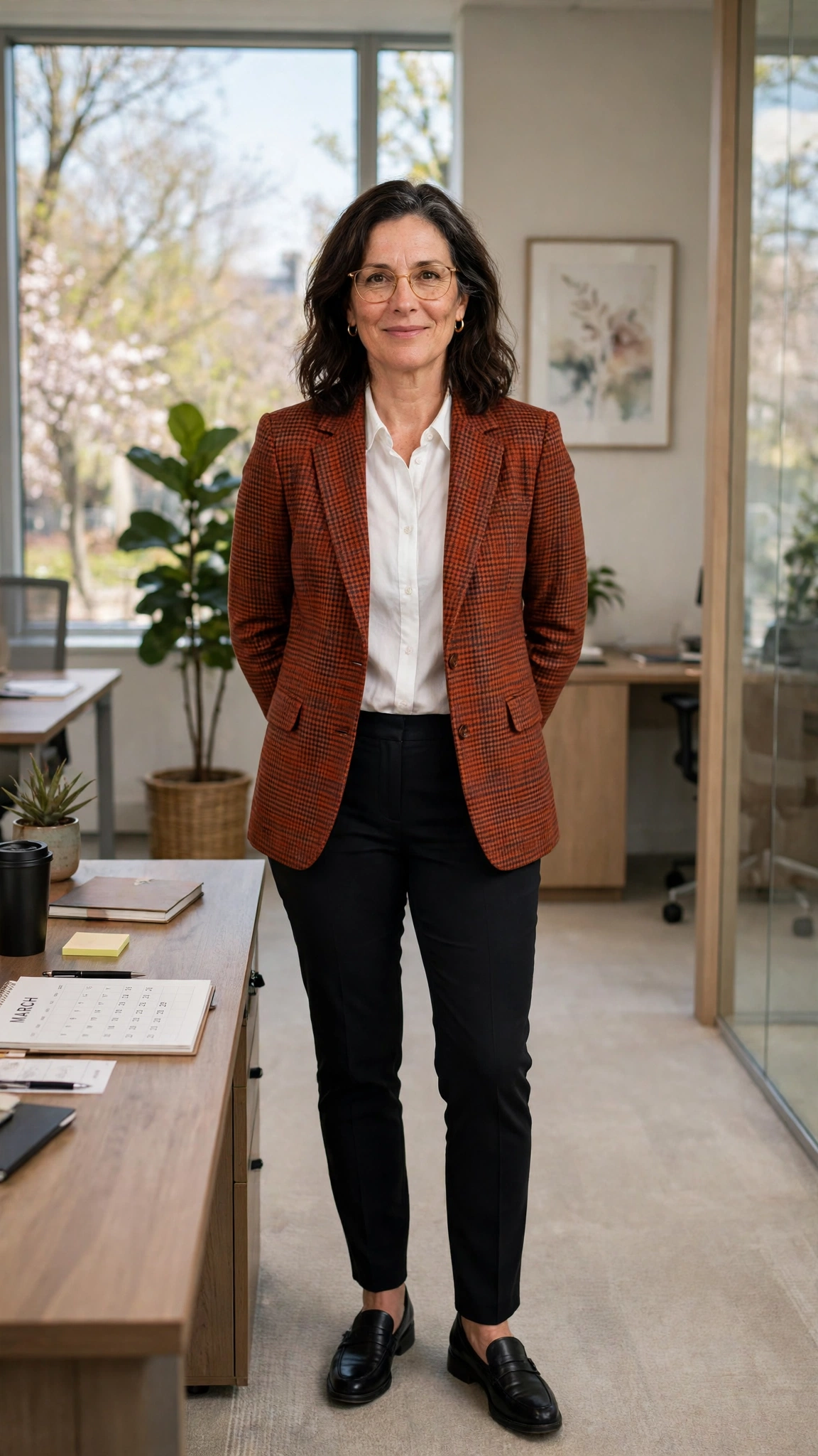 Rust check blazer with black slim trousers