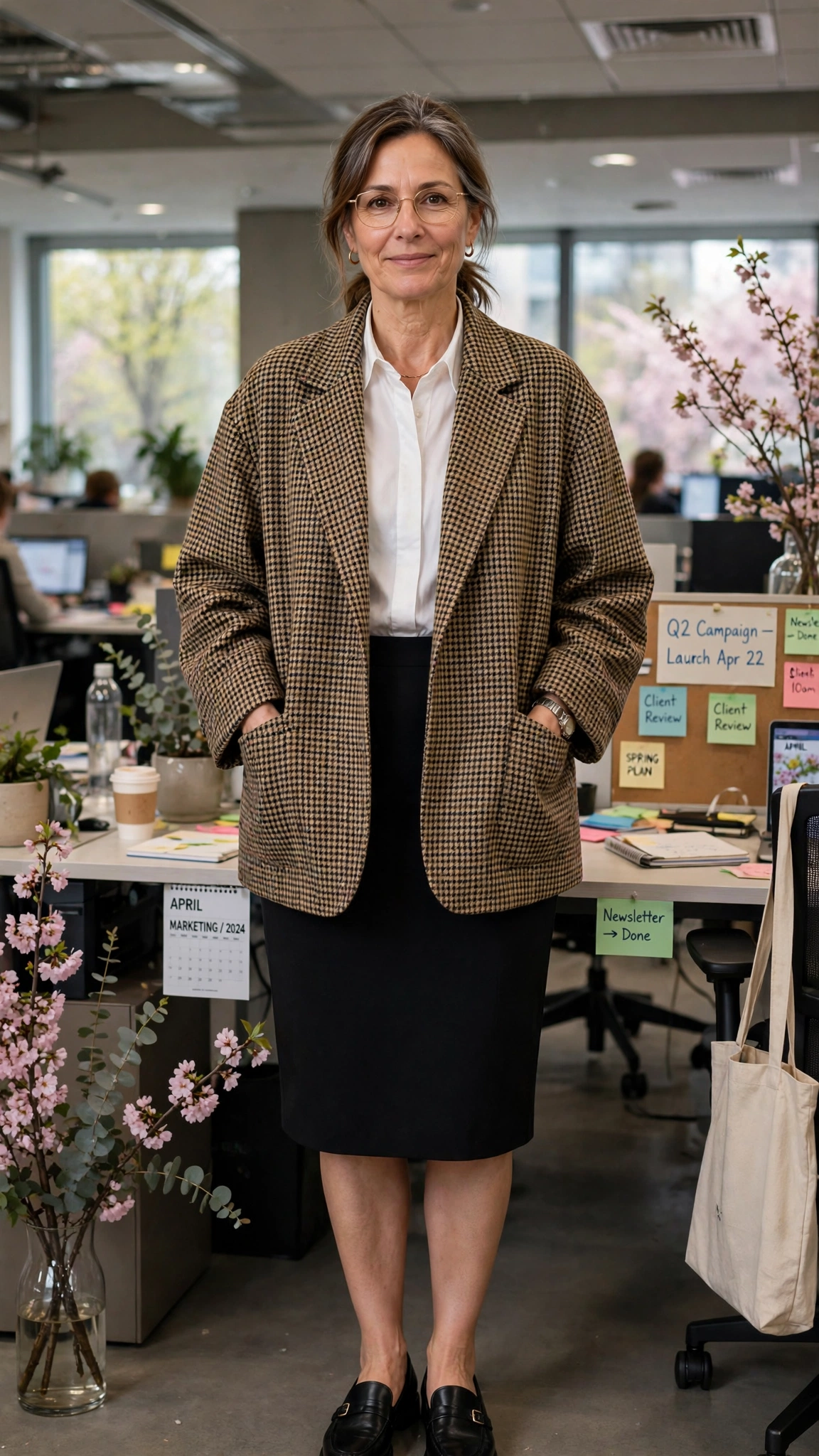 Oversized check jacket with a pencil skirt