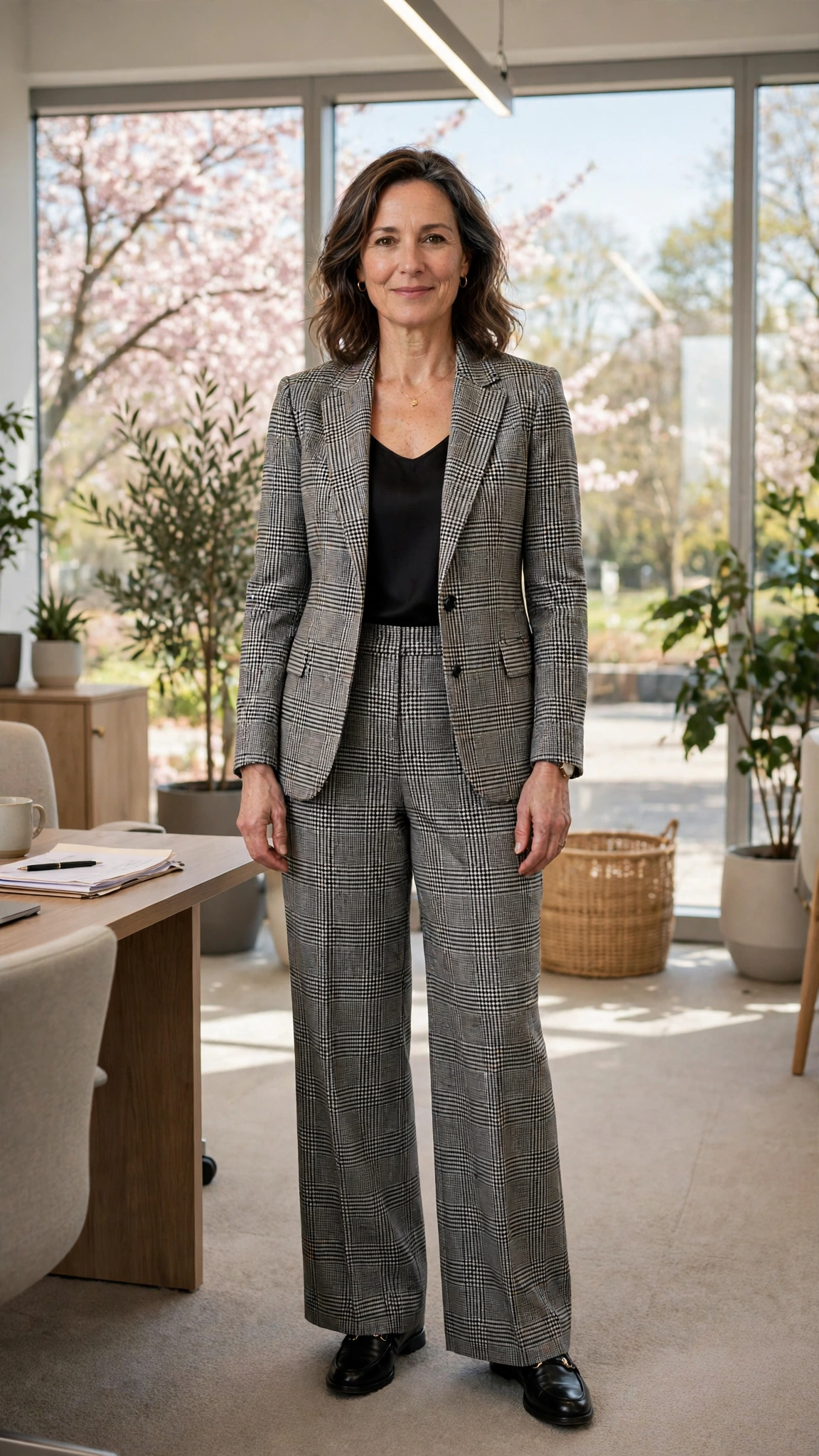 Fitted check blazer with wide-leg trousers