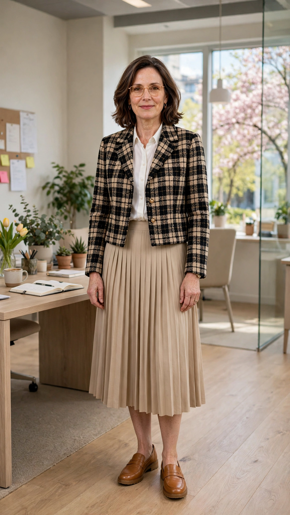 Cropped check jacket with a pleated skirt
