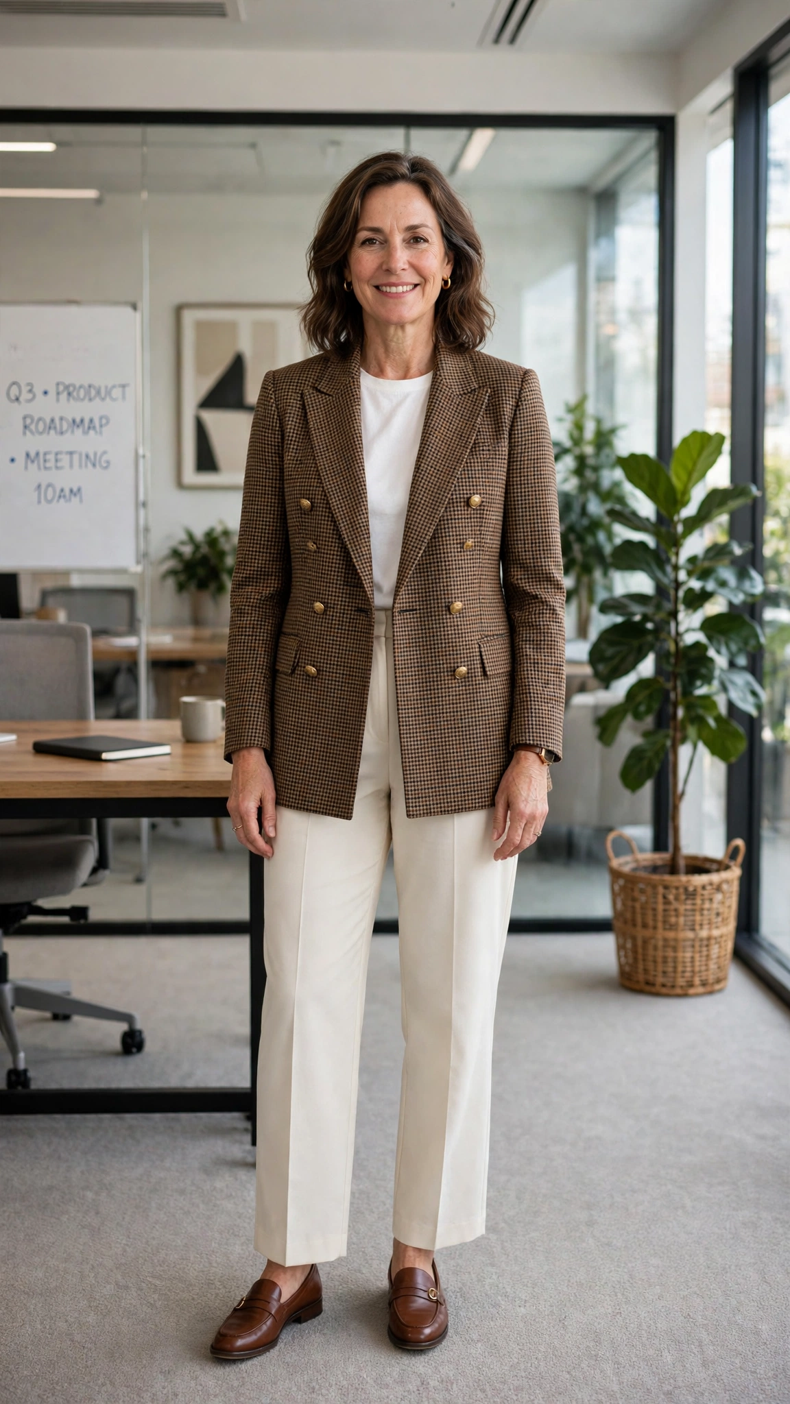 Double-breasted check blazer with cream trousers