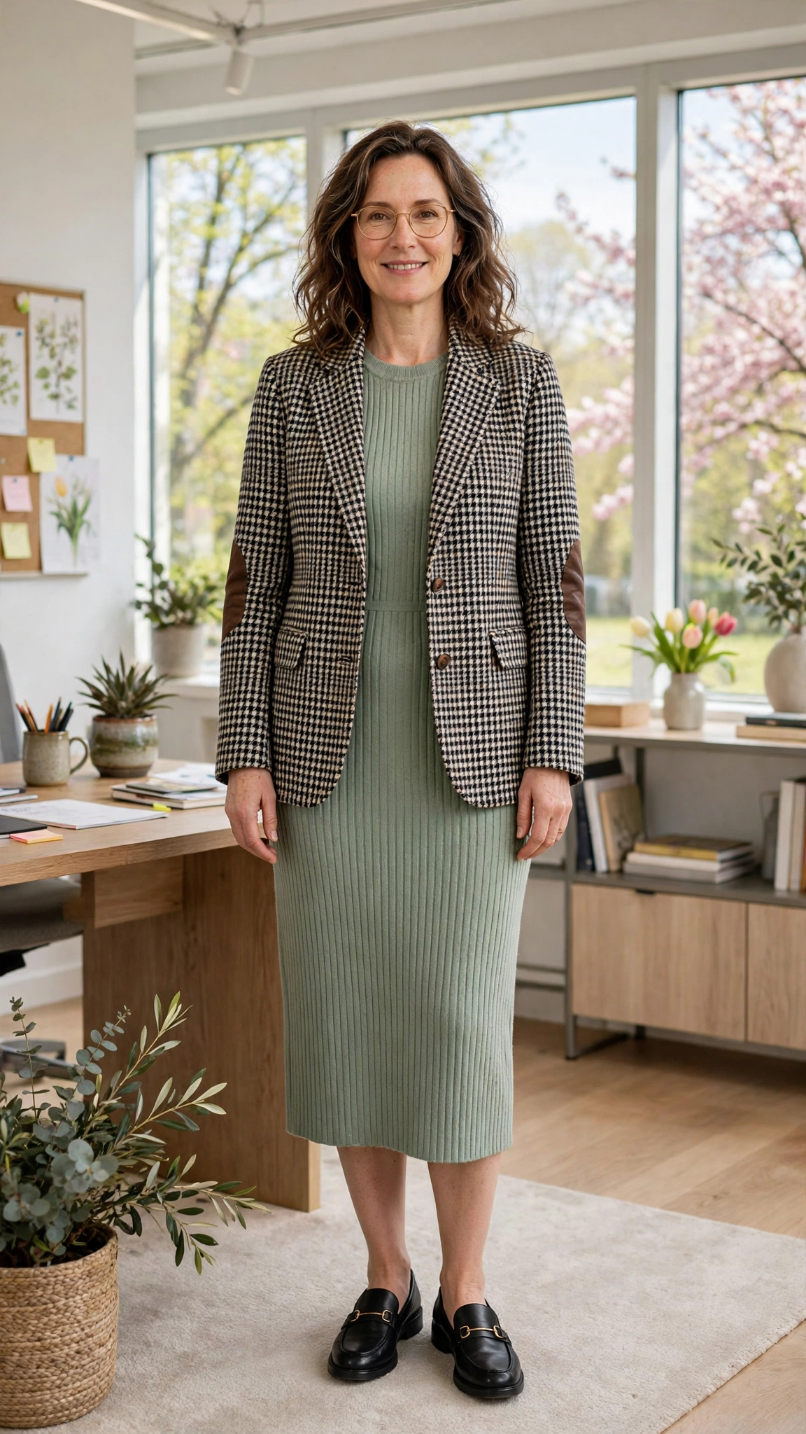 Checked professor jacket with a knit midi dress