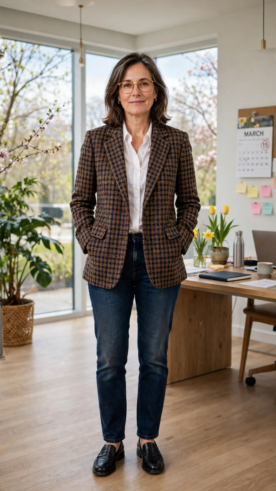 Tweed check blazer with dark-wash jeans
