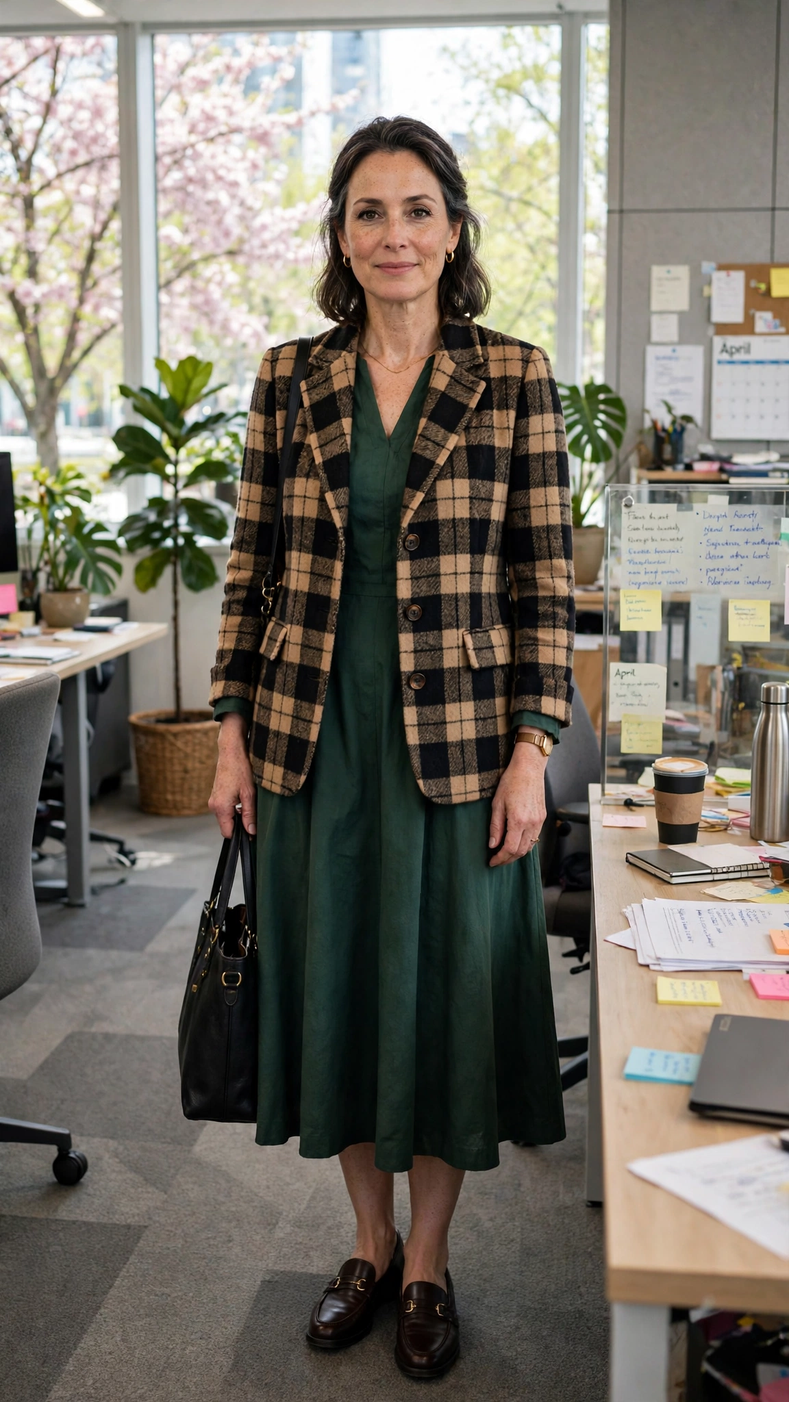 Checked wool jacket with a midi dress