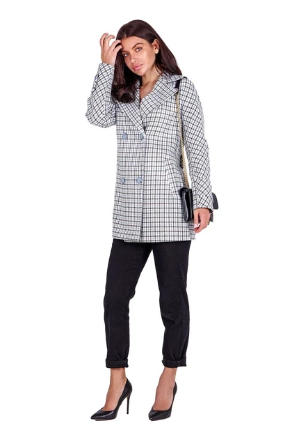 Windowpane check blazer with black slim trousers