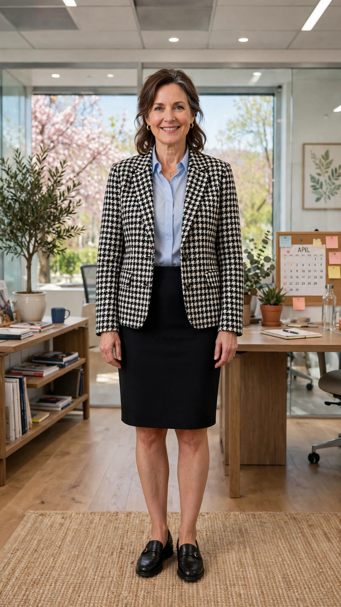 Houndstooth check jacket with a pencil skirt