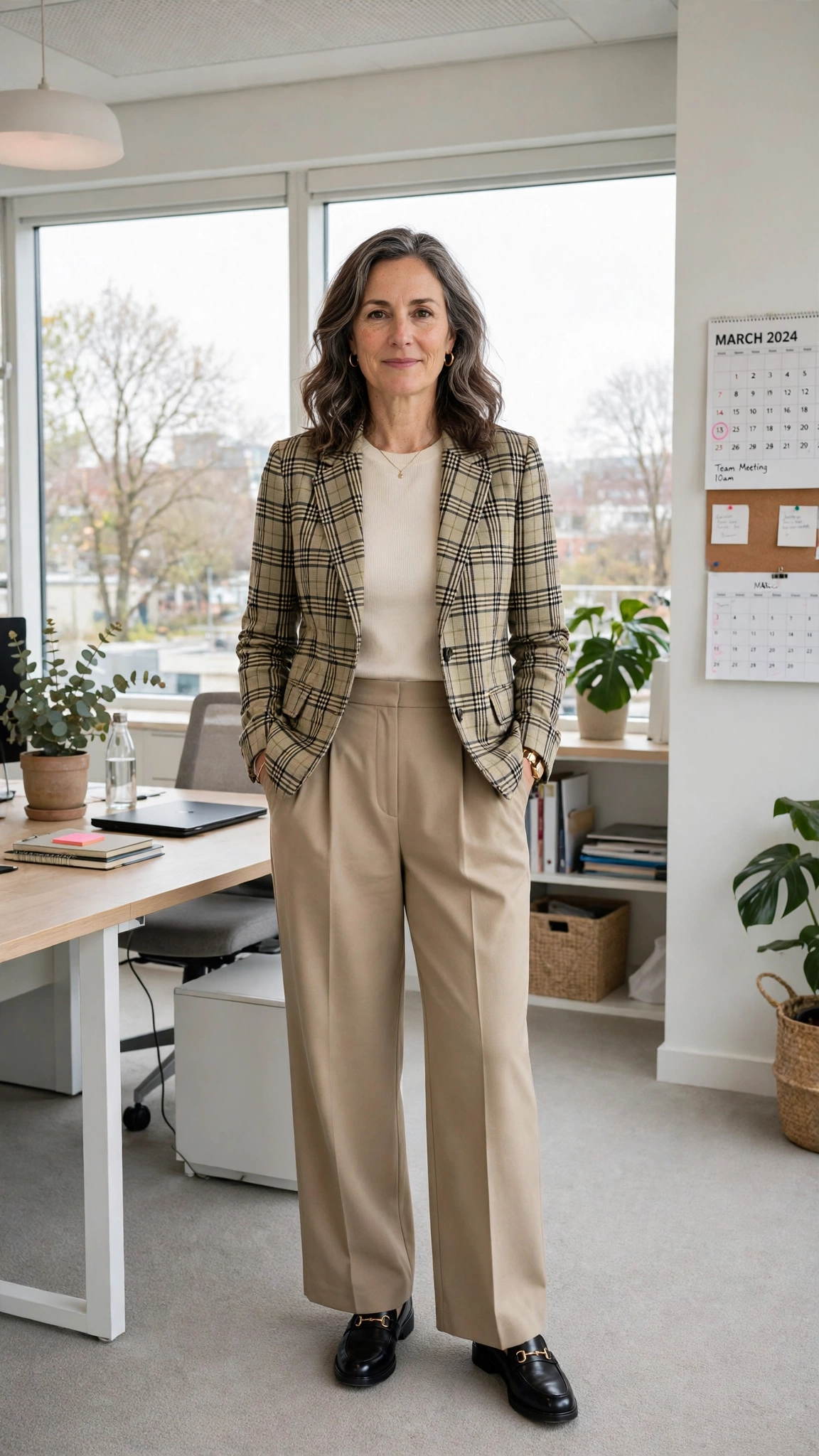 Plaid check jacket with wide-leg trousers