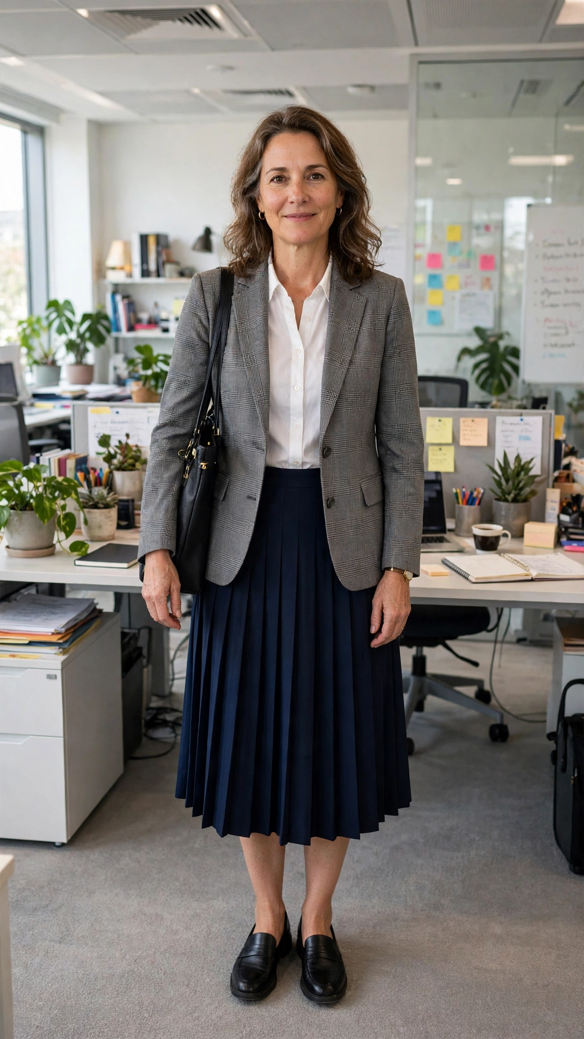 Glen check blazer with a pleated skirt