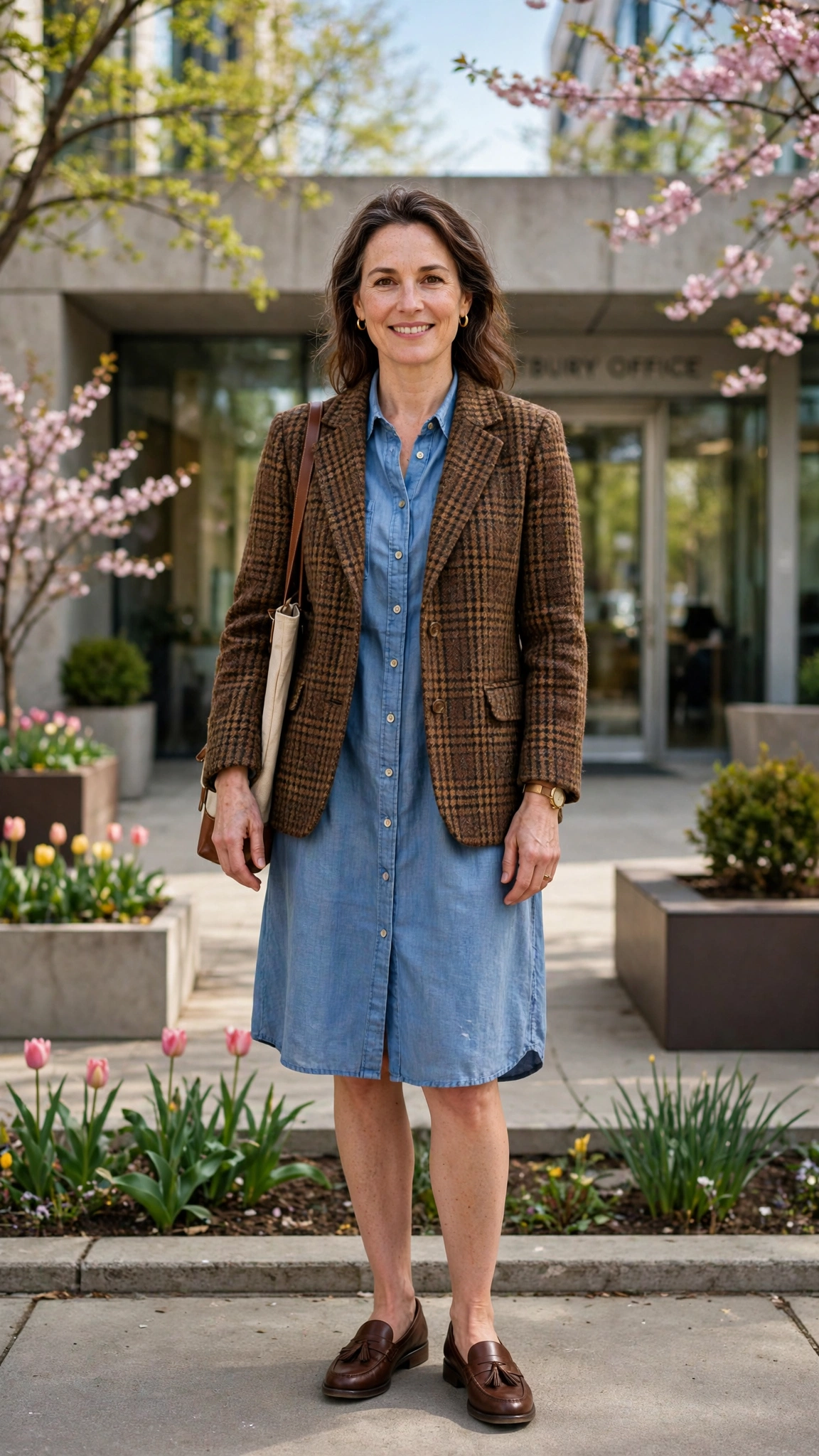 Brown check tweed jacket with a shirt dress