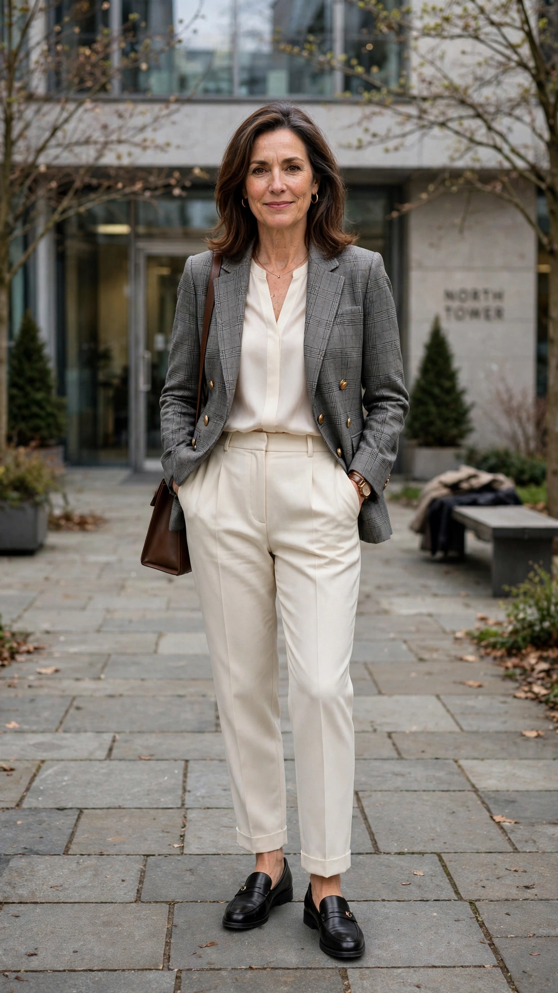 Grey check blazer with cream trousers