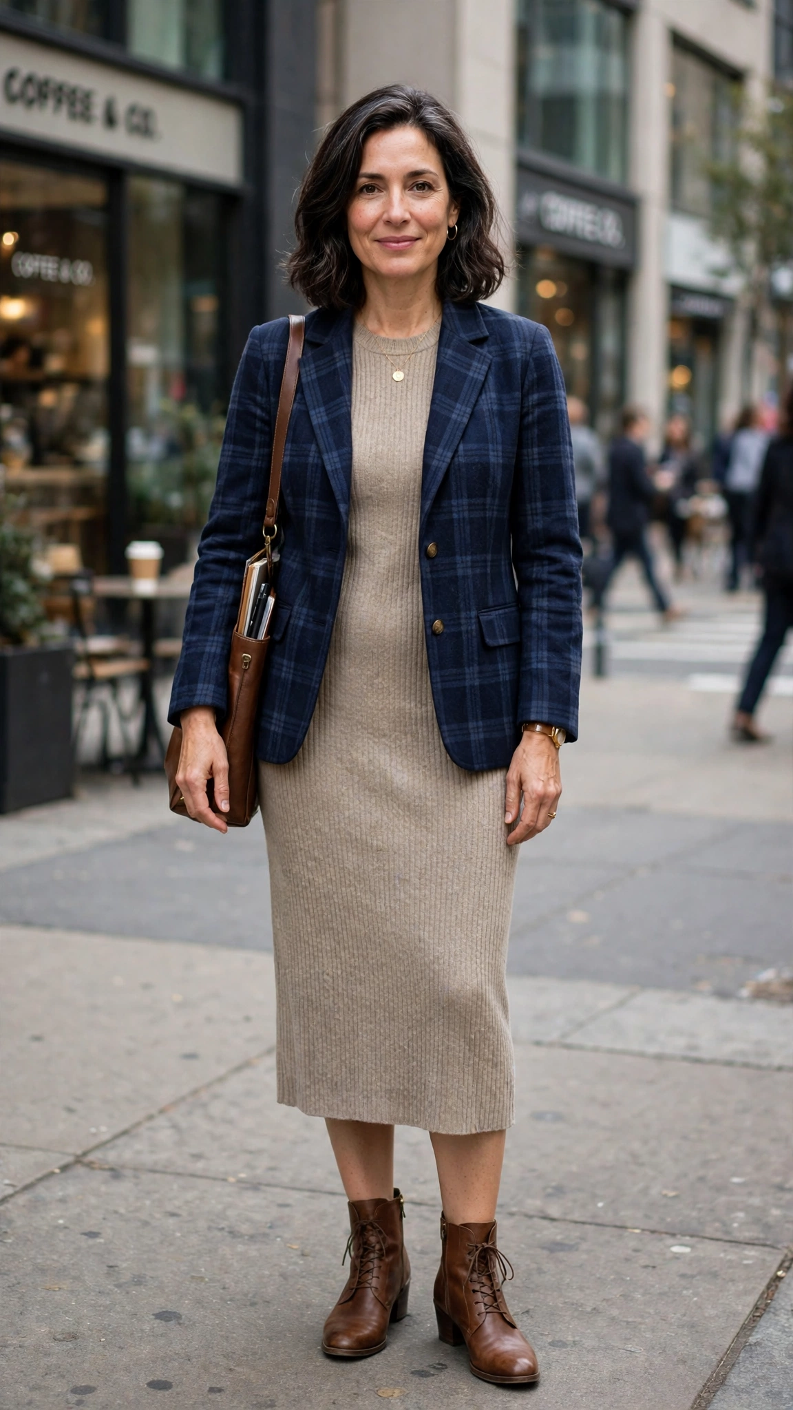 Navy check jacket with a knit midi dress