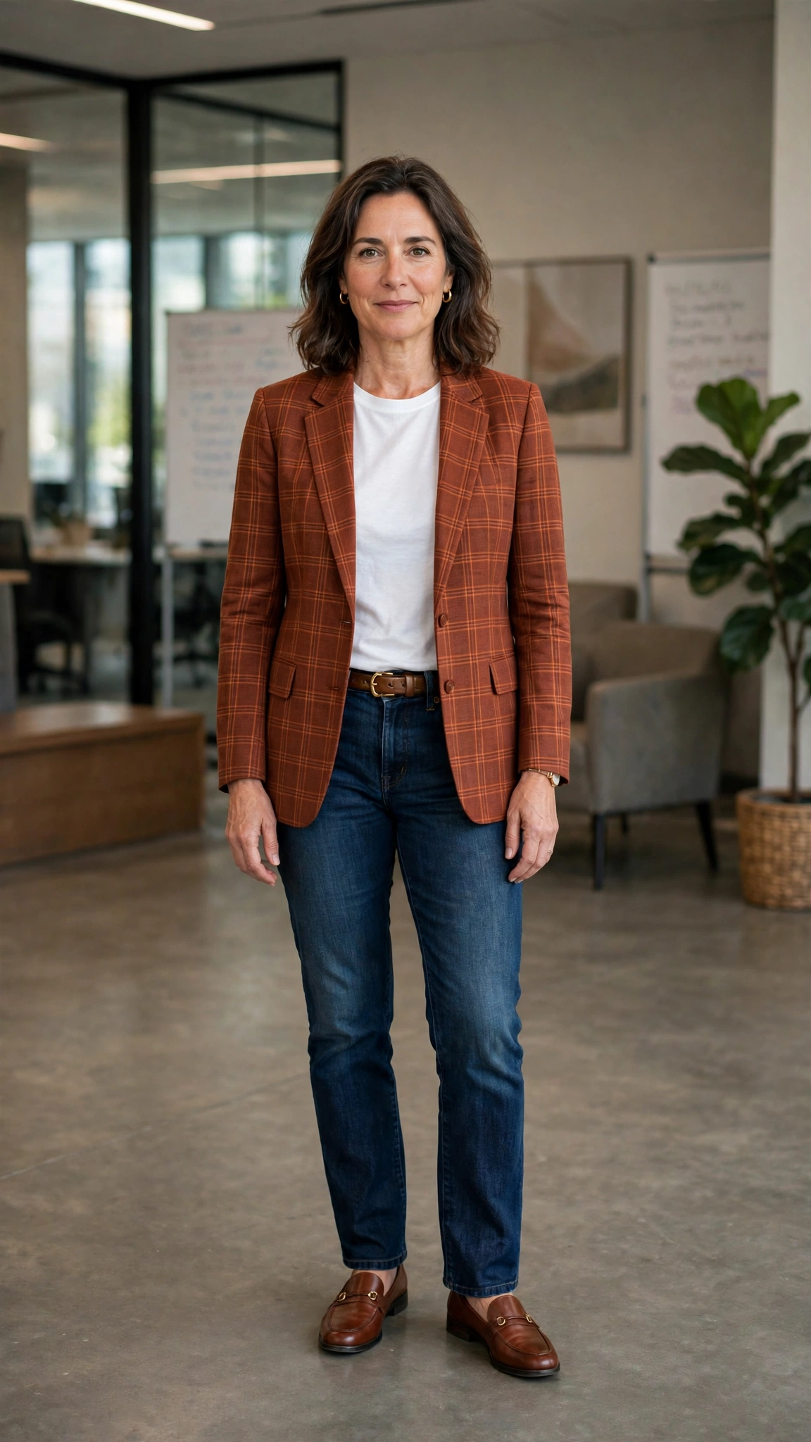 Rust check blazer with dark-wash jeans