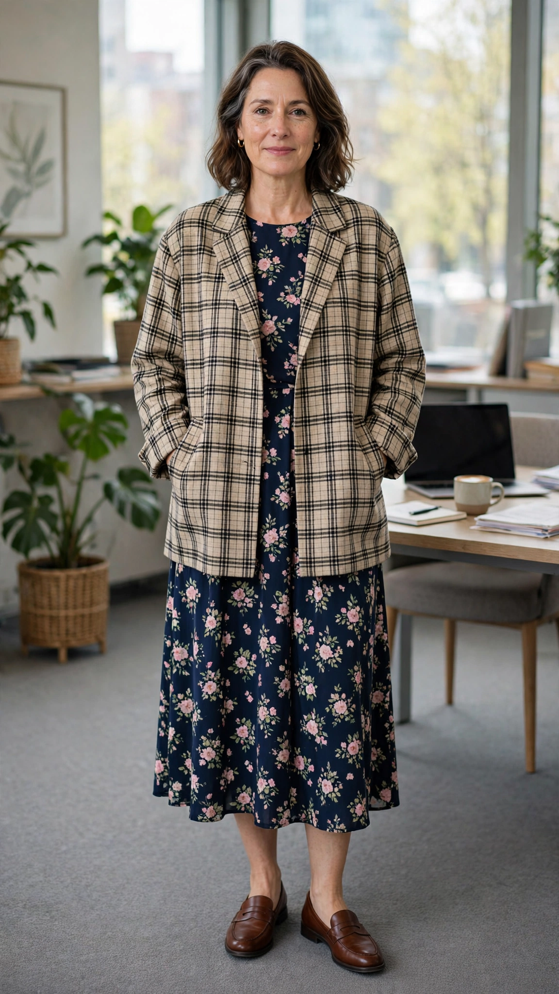 Oversized check jacket with a midi dress