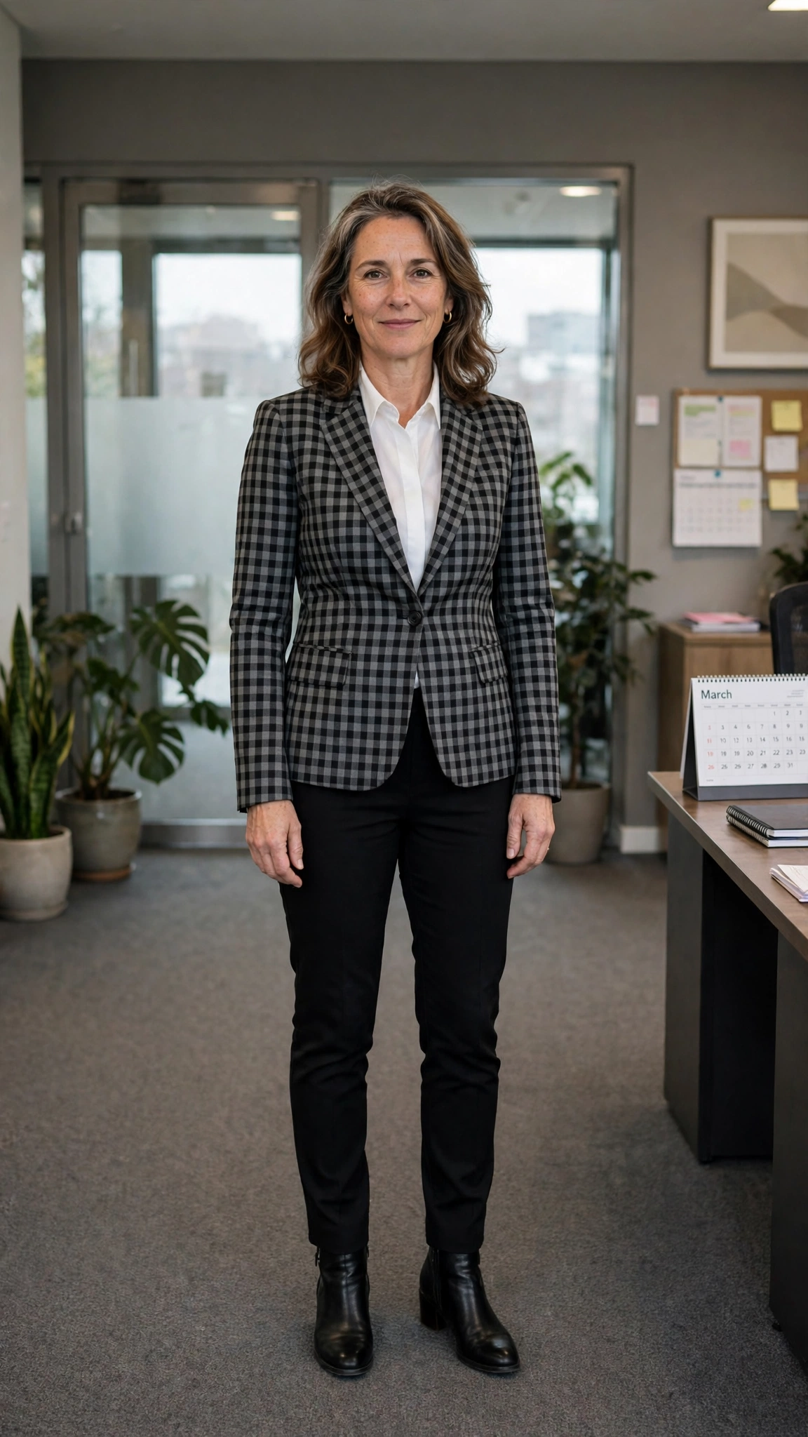Fitted check blazer with black slim trousers