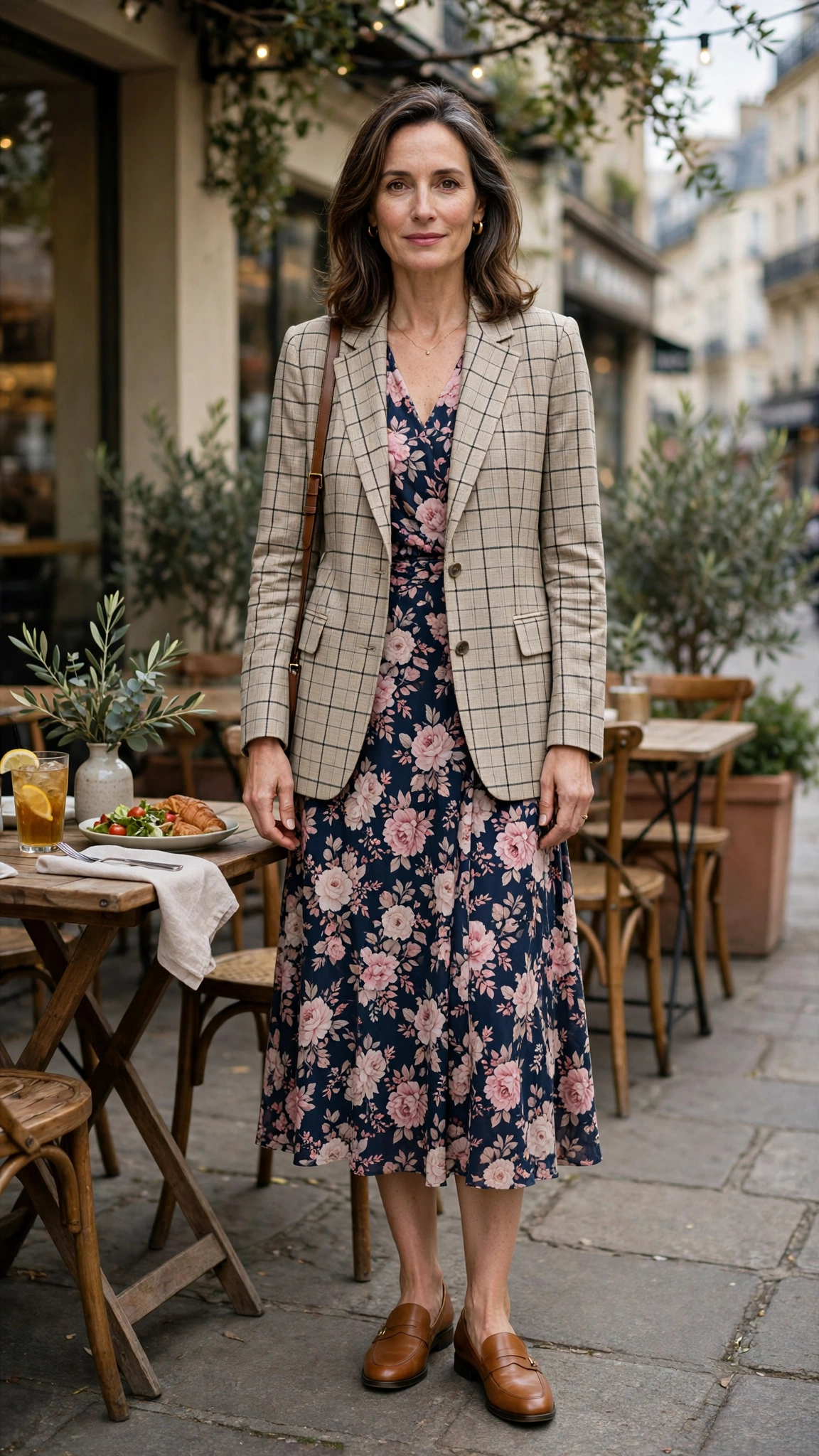 Windowpane check blazer with a floral midi dress