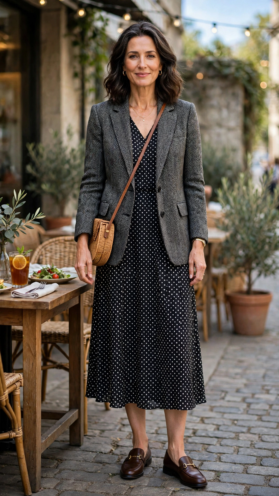 Glen check blazer with a polka-dot midi dress