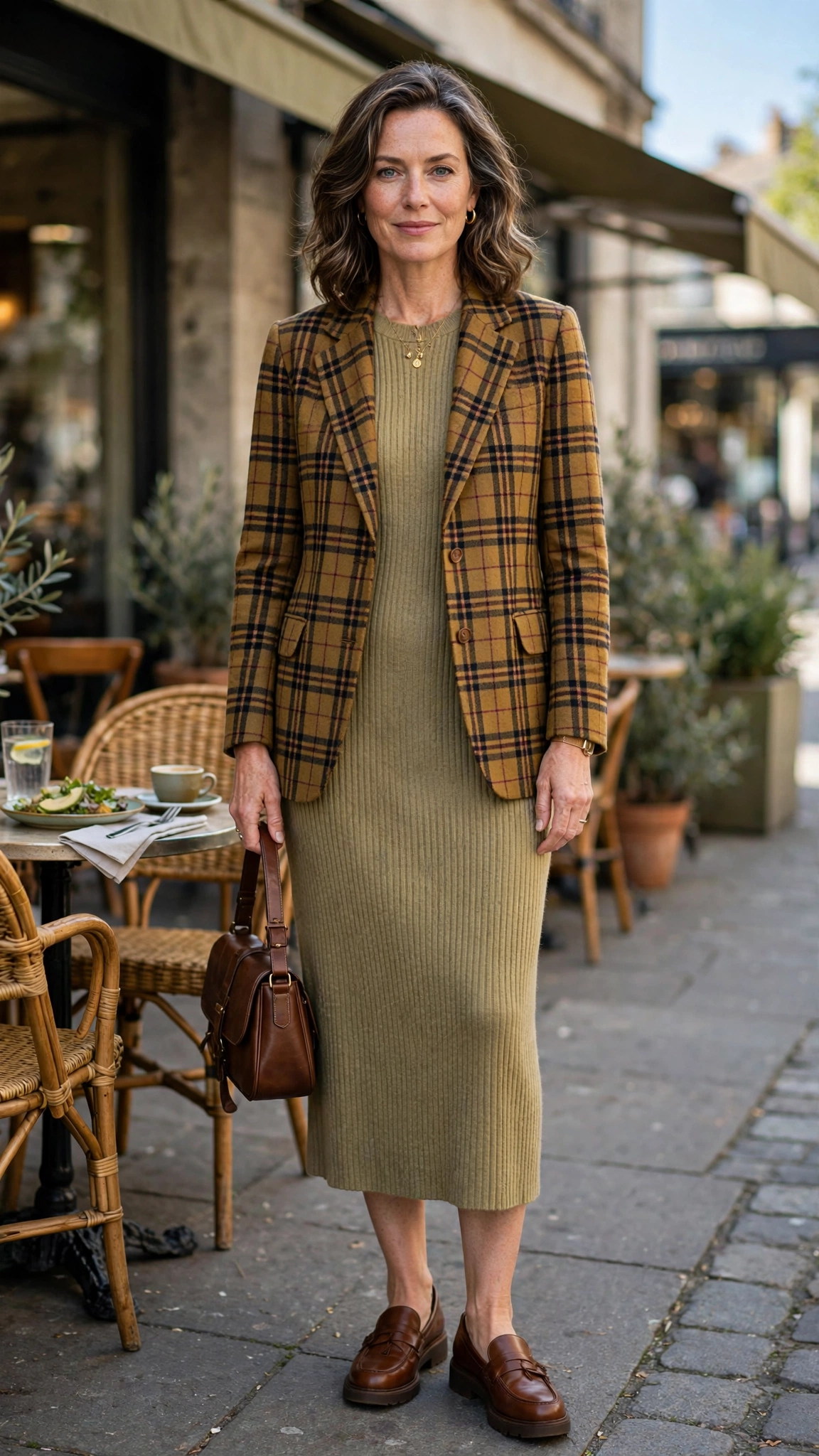 Heritage check jacket with a knit midi dress