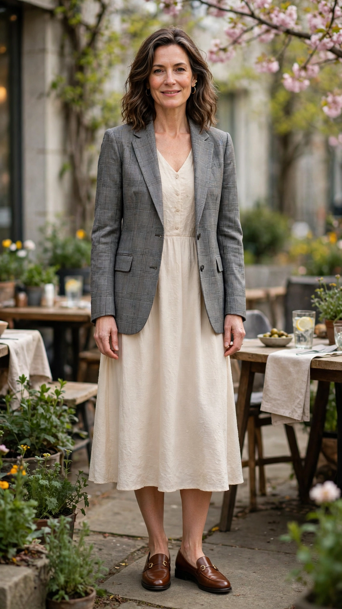 Grey check blazer with a cream midi dress
