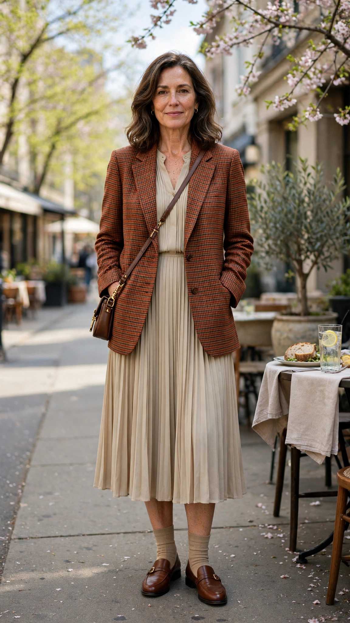 Rust check blazer with a pleated midi dress