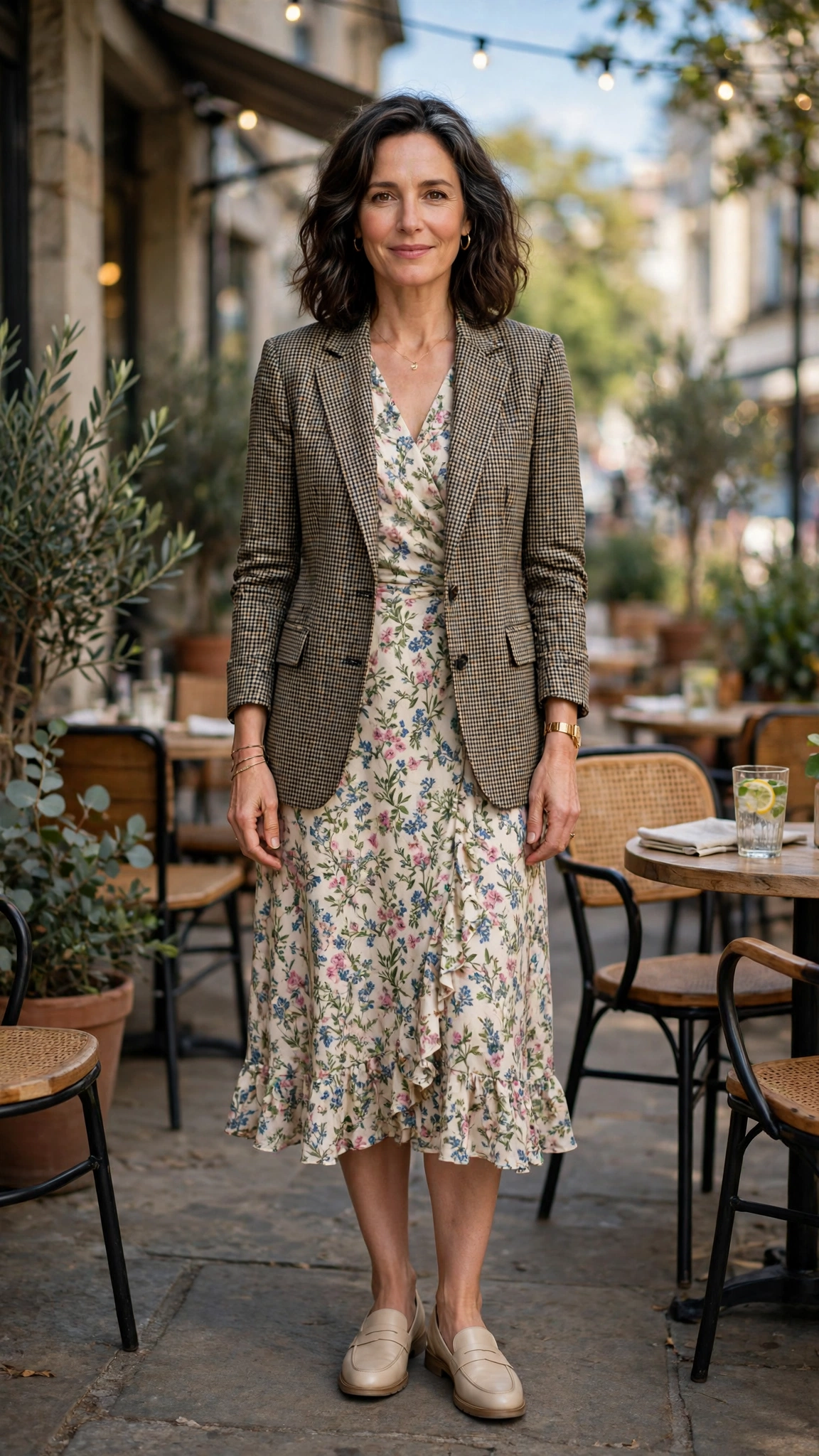 Fitted check blazer with a floral midi dress