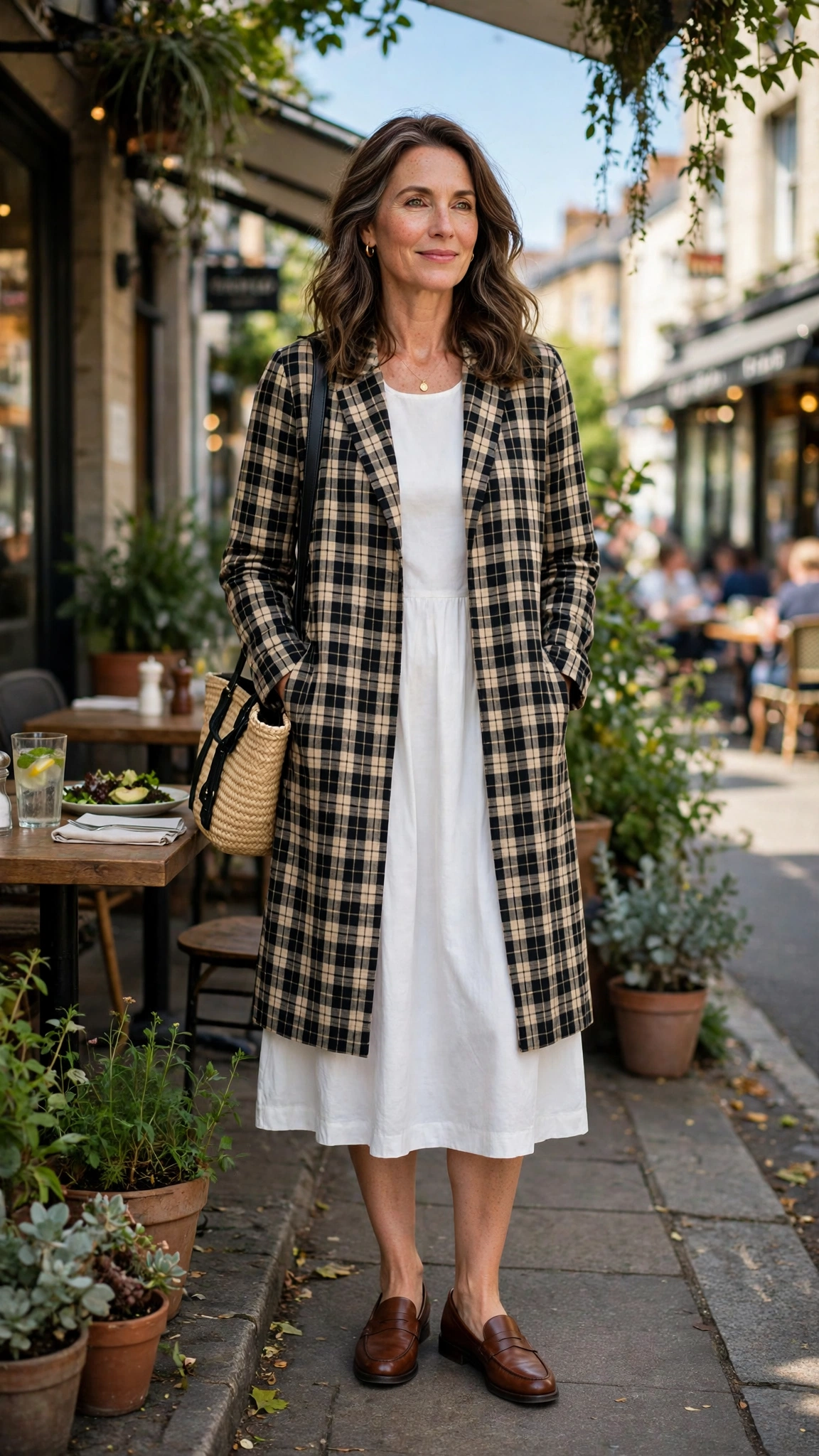 Longline check jacket with a white midi dress