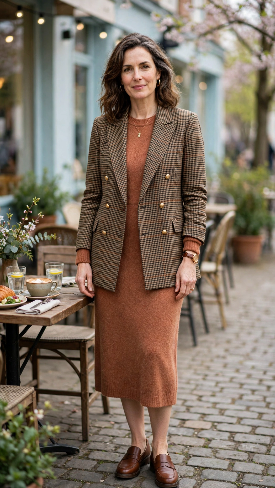 Double-breasted check blazer with a knit midi dress
